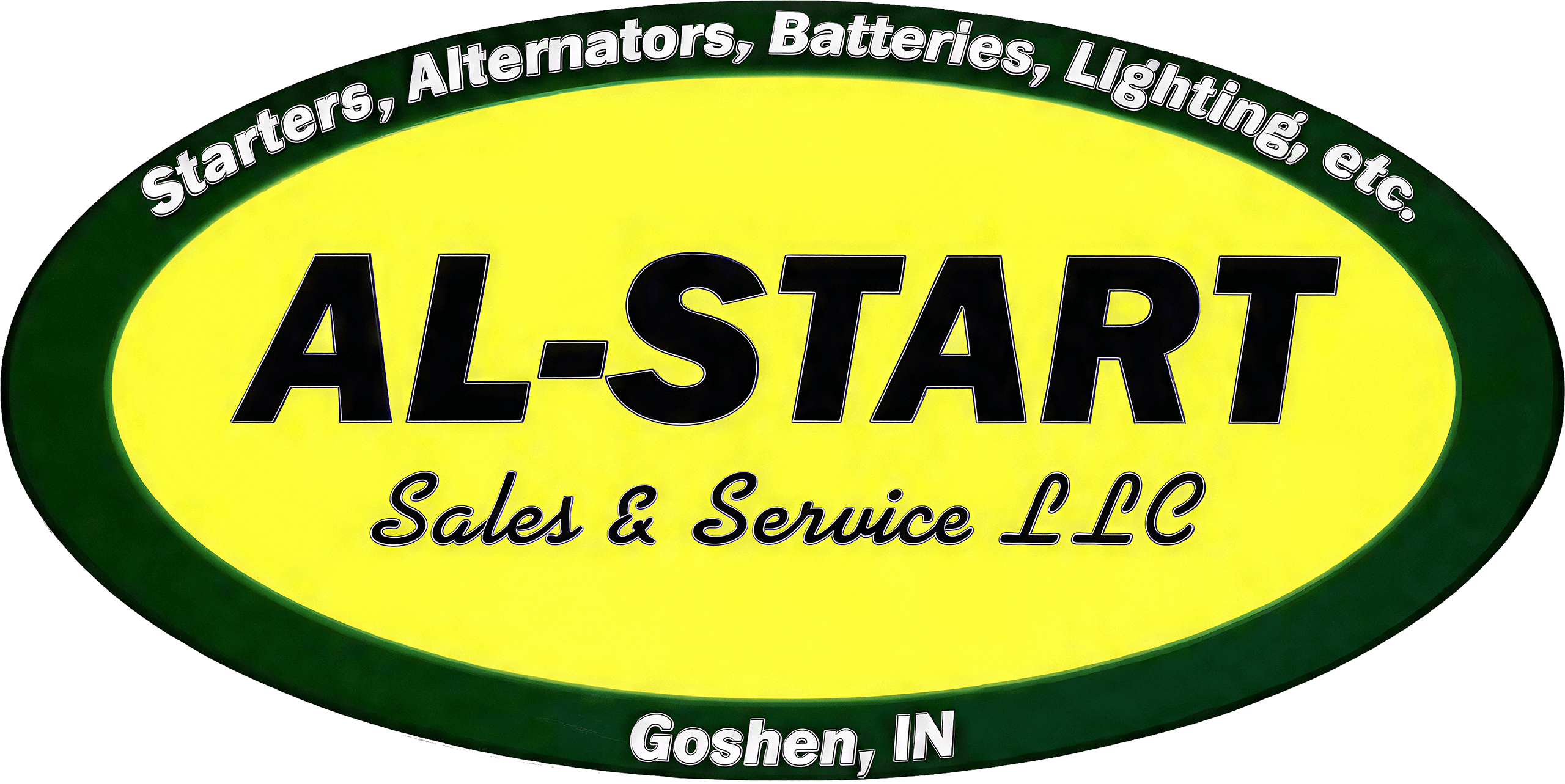 Oval-shaped sign for AL-START Sales & Service LLC, advertising starters, alternators, batteries, and lighting; located in Goshen, Indiana.