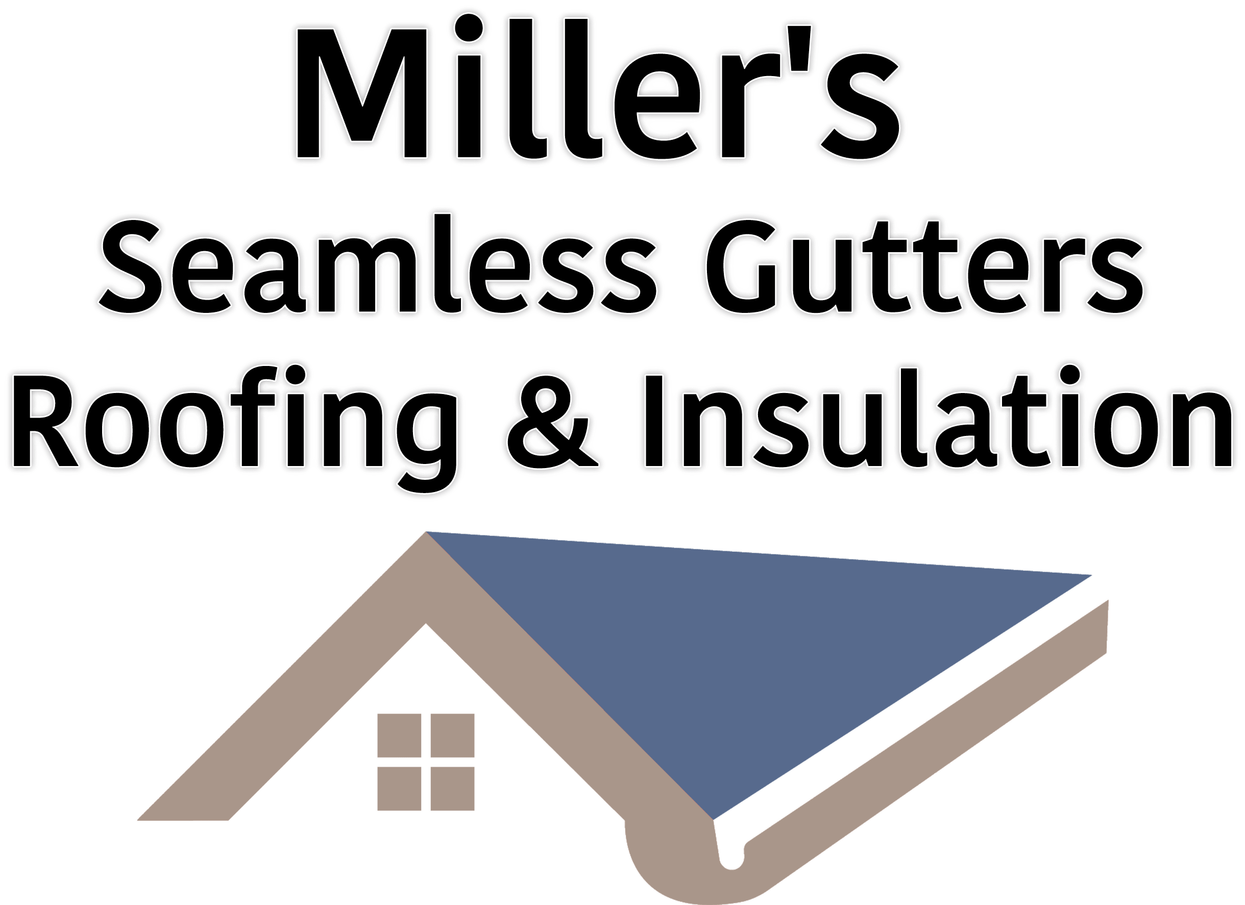 Logo for Miller's Seamless Gutters, Roofing & Insulation, featuring stylized text above an icon of a house roof with a window.