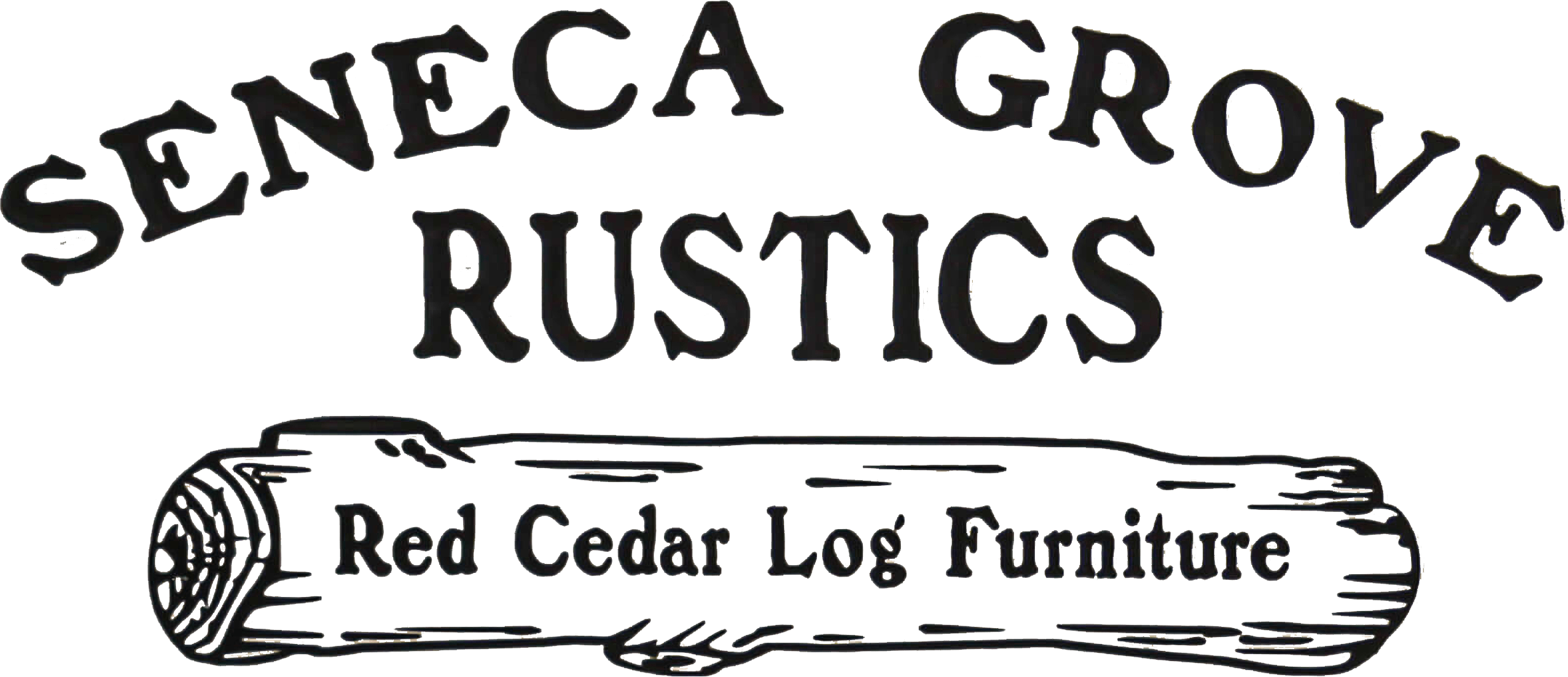 The logo reads "Seneca Grove Rustics" above a drawing of a log with the text "Red Cedar Log Furniture" written on it.