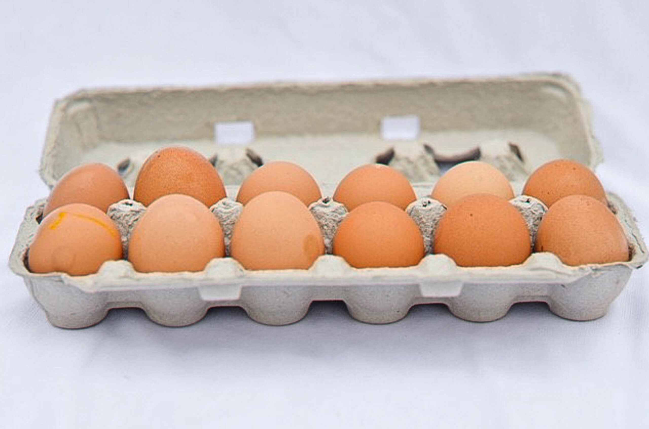 Nolt's Country Market Eldon, Missouri A dozen brown eggs in an open gray cardboard carton against a white background.