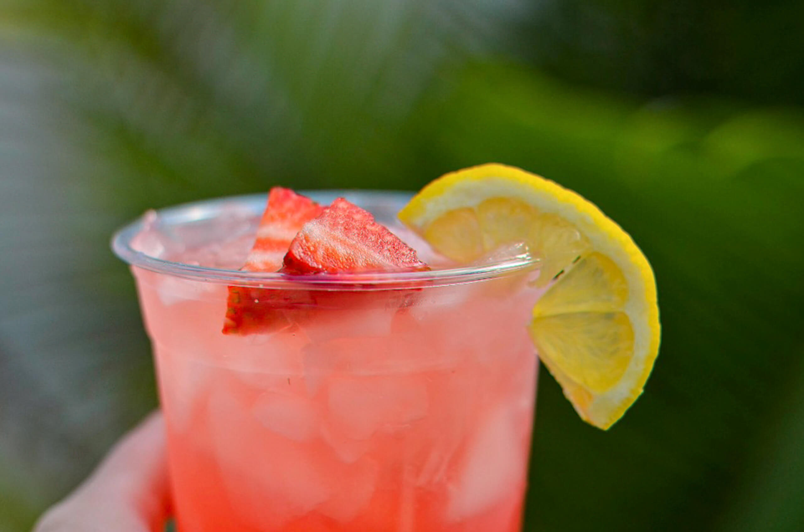Nolt's Country Market Eldon, Missouri A clear plastic cup filled with pink iced drink, topped with sliced strawberries and a lemon wedge, against a blurred green background.