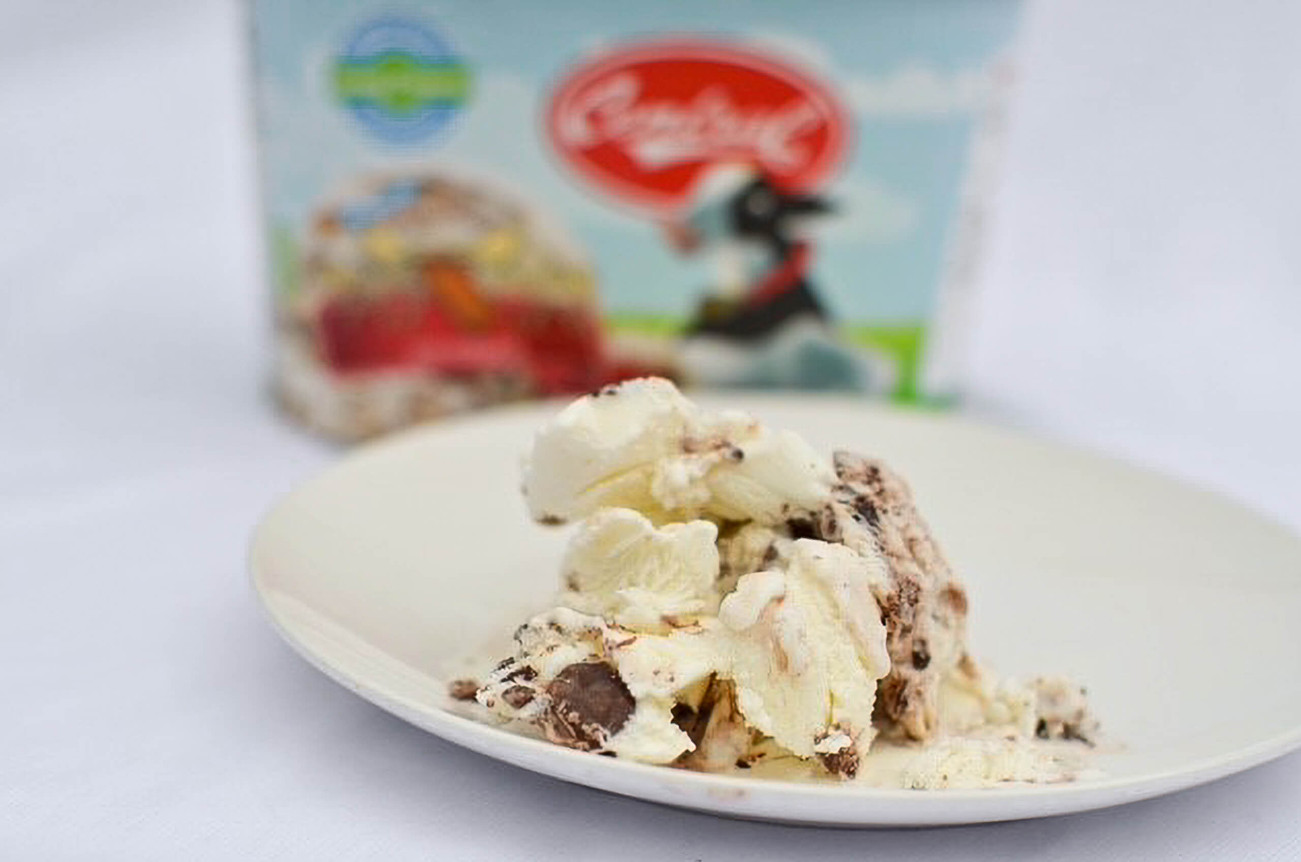 Nolt's Country Market Eldon, Missouri A serving of vanilla ice cream with chocolate chunks is on a white plate, with a blurred ice cream container in the background.