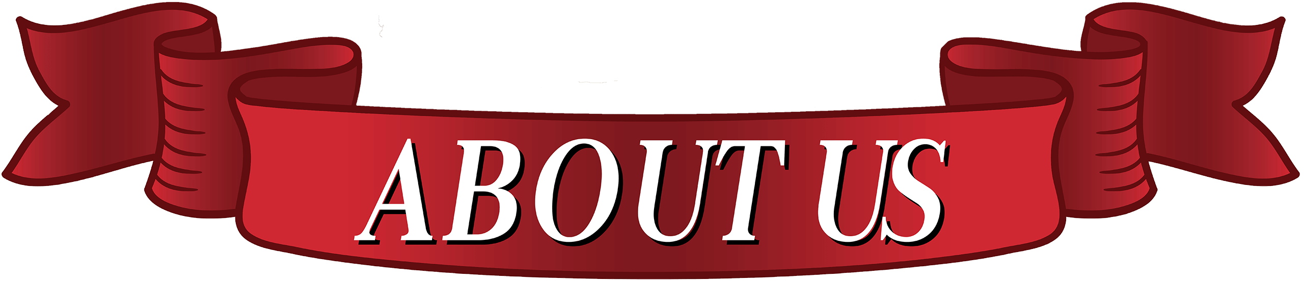 A red ribbon banner with the words "ABOUT US" in bold white letters with black shadow.