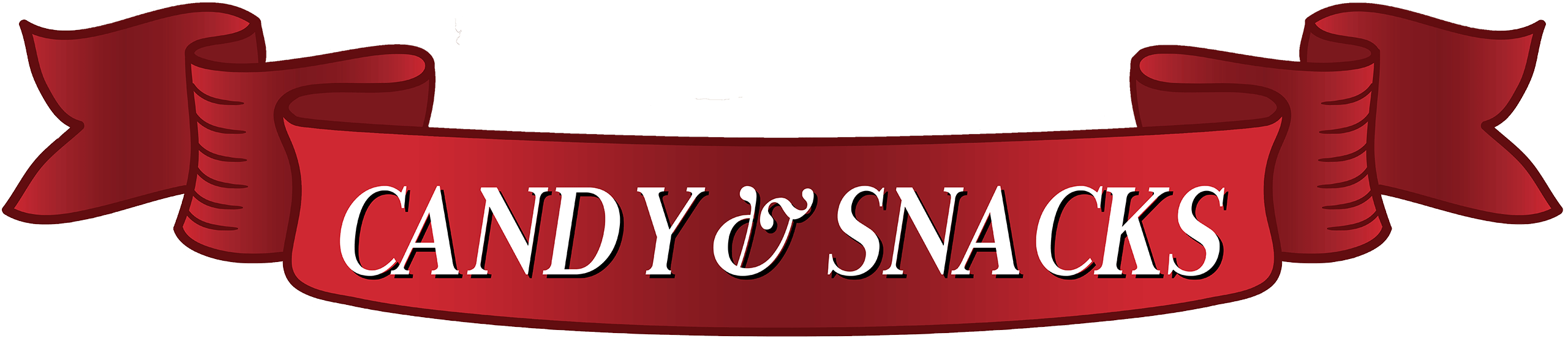 A red ribbon banner with the words "CANDY & SNACKS" in bold white letters.