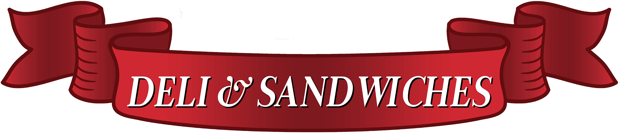 A red ribbon banner with the white text "DELI & SANDWICHES" in capital letters.