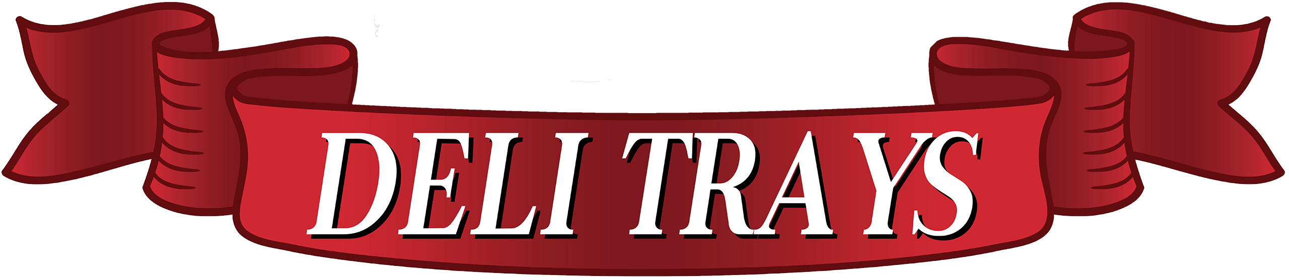 A red ribbon banner with the words “DELI TRAYS” in large white and black outlined letters.