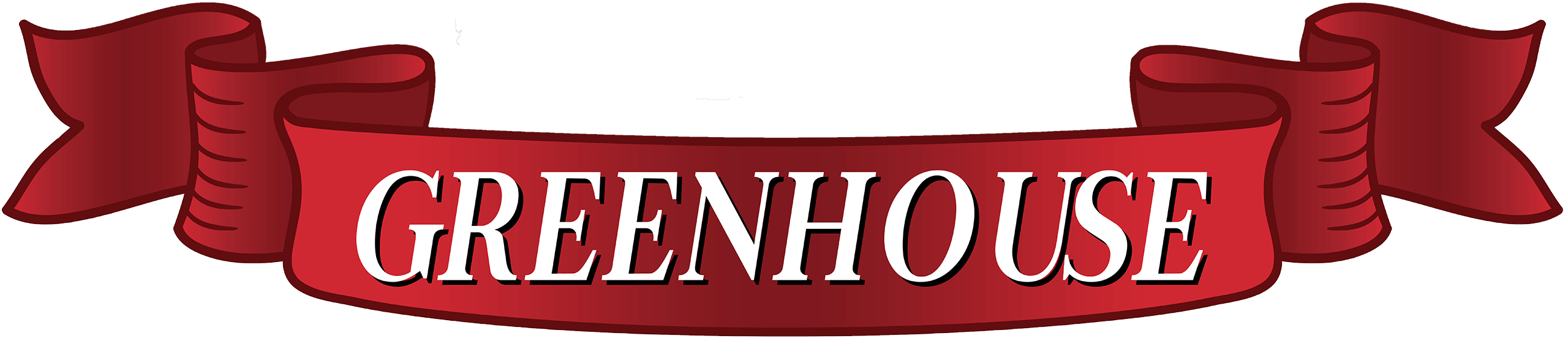 A red ribbon banner with the word "GREENHOUSE" in bold white capital letters displayed at the center.