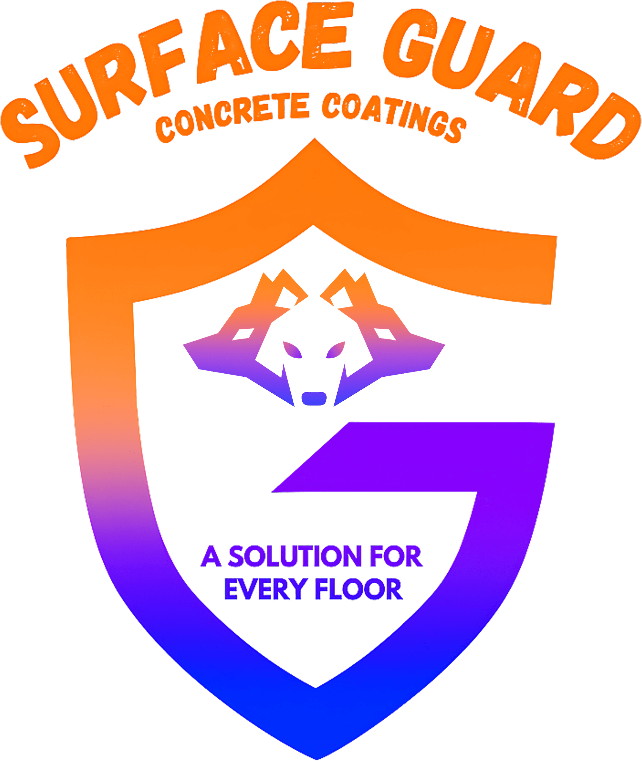 Logo for Surface Guard Concrete Coatings featuring a shield with a wolf head, the company name, and the slogan "A Solution For Every Floor.