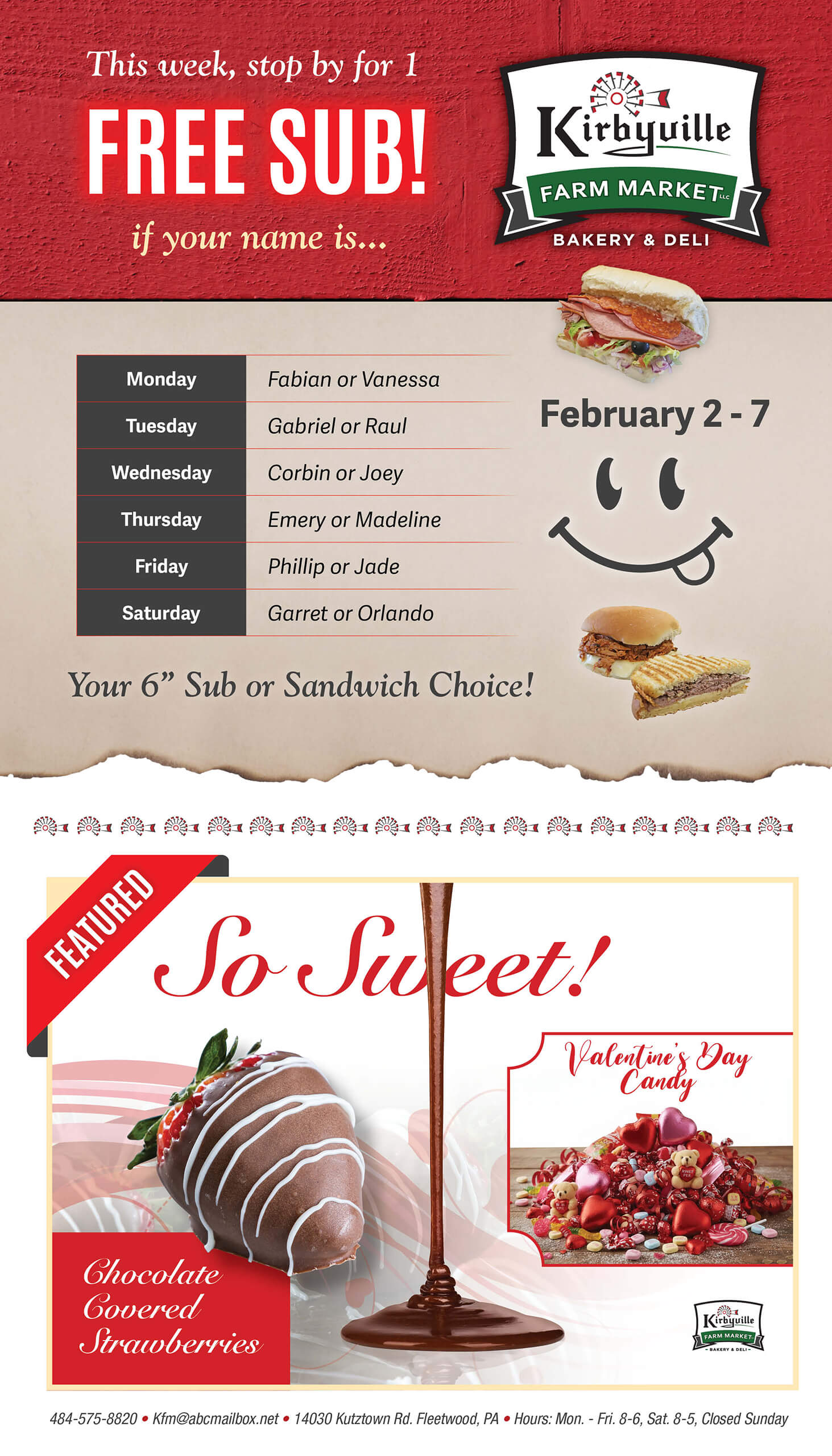 Kirbyville Farm Market ad offering a free sub to people with select names on specific days, plus promotions for chocolate-covered strawberries and Valentine’s Day candy.