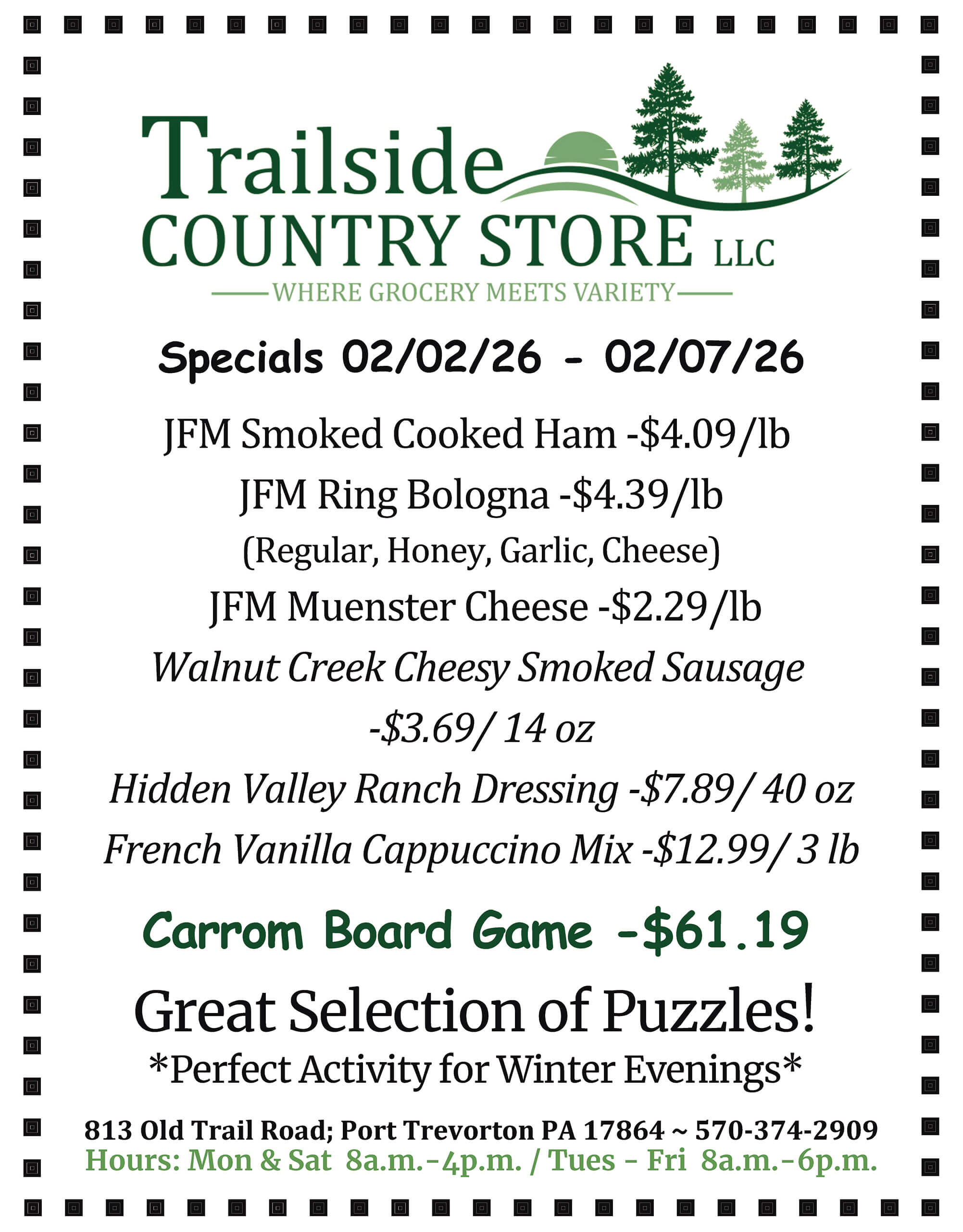 Flyer for Trailside Country Store listing weekly specials on meats, cheese, and coffee, highlighting a Carrom board game for $61.19, and advertising puzzles and store hours.