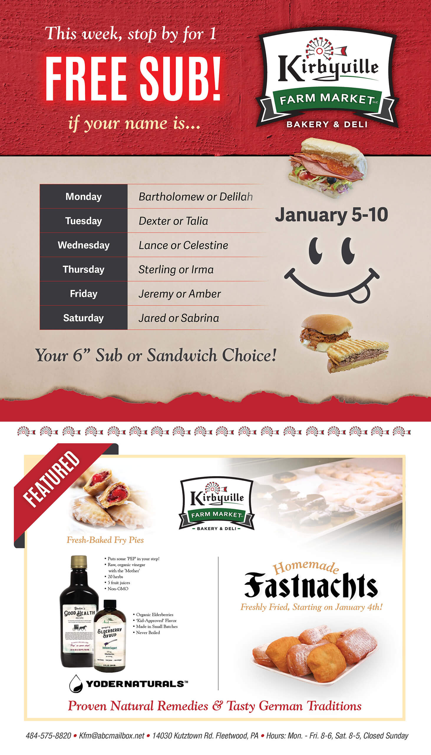 Promotional flyer for Kirbyville Farm Market offering a free sub to selected names Jan 5-10, and featuring homemade fastnachts and freshly baked fry pies.