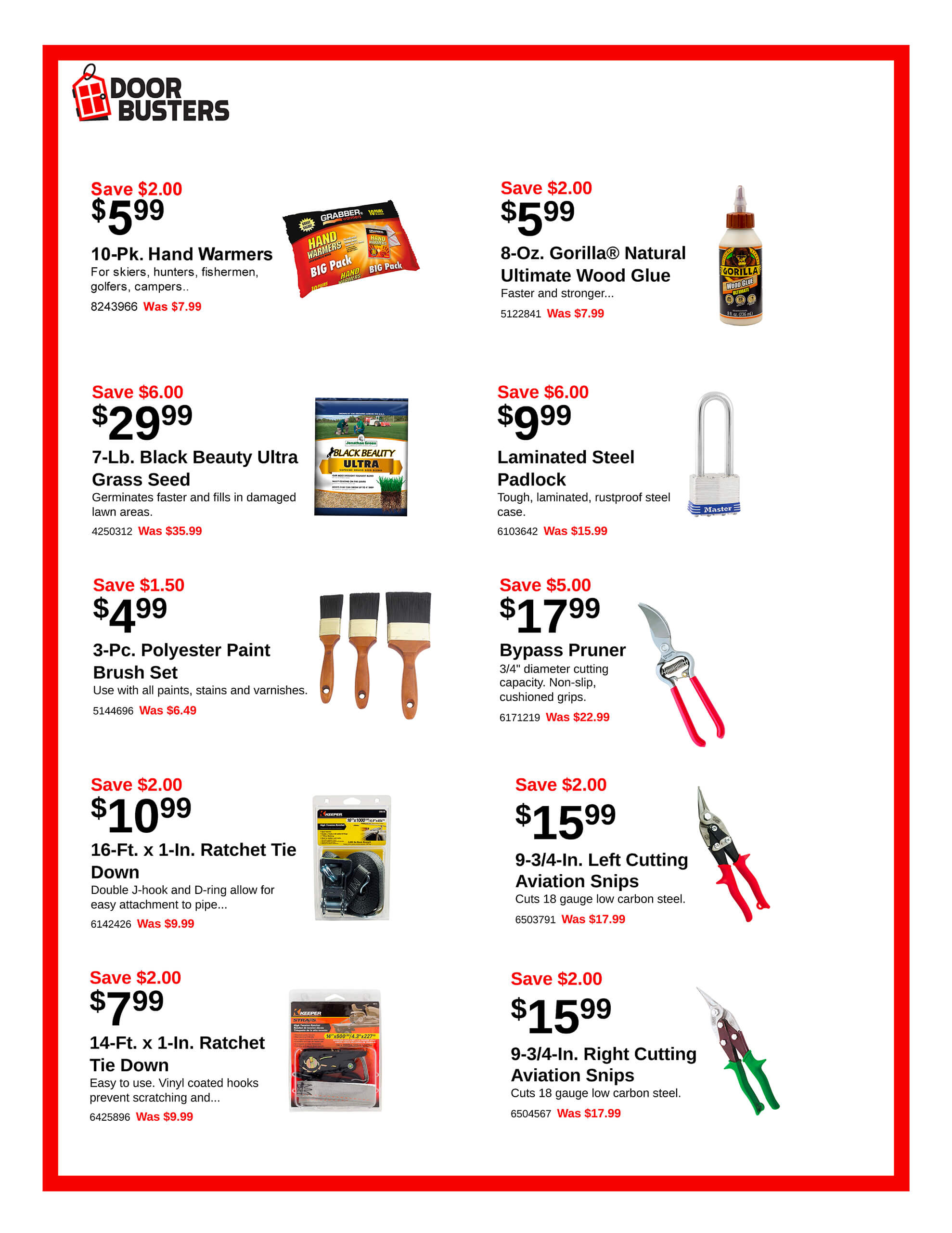 A retail flyer displays discounted items including hand warmers, wood glue, grass seed, a padlock, paint brushes, pruning shears, and ratchet tie downs with pricing and savings listed.