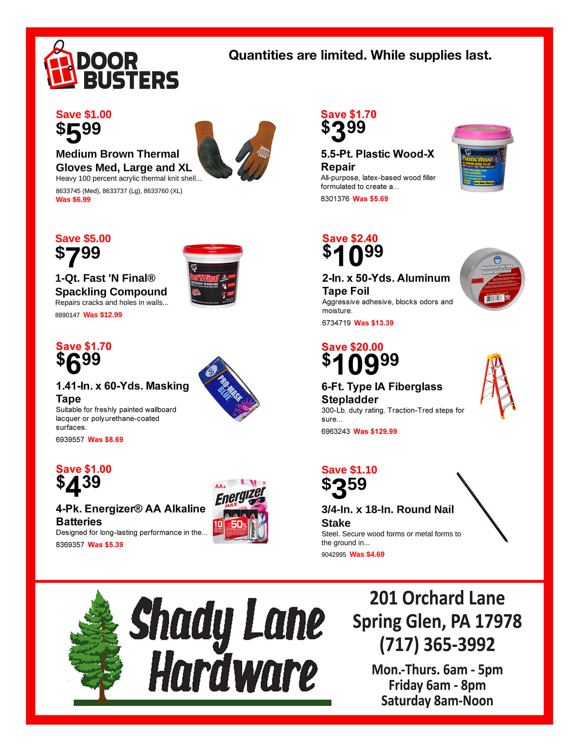 A store flyer displays discounted hardware items, including gloves, spackling compound, tape, batteries, and contact info for Shady Lane Hardware in Spring Glen, PA.