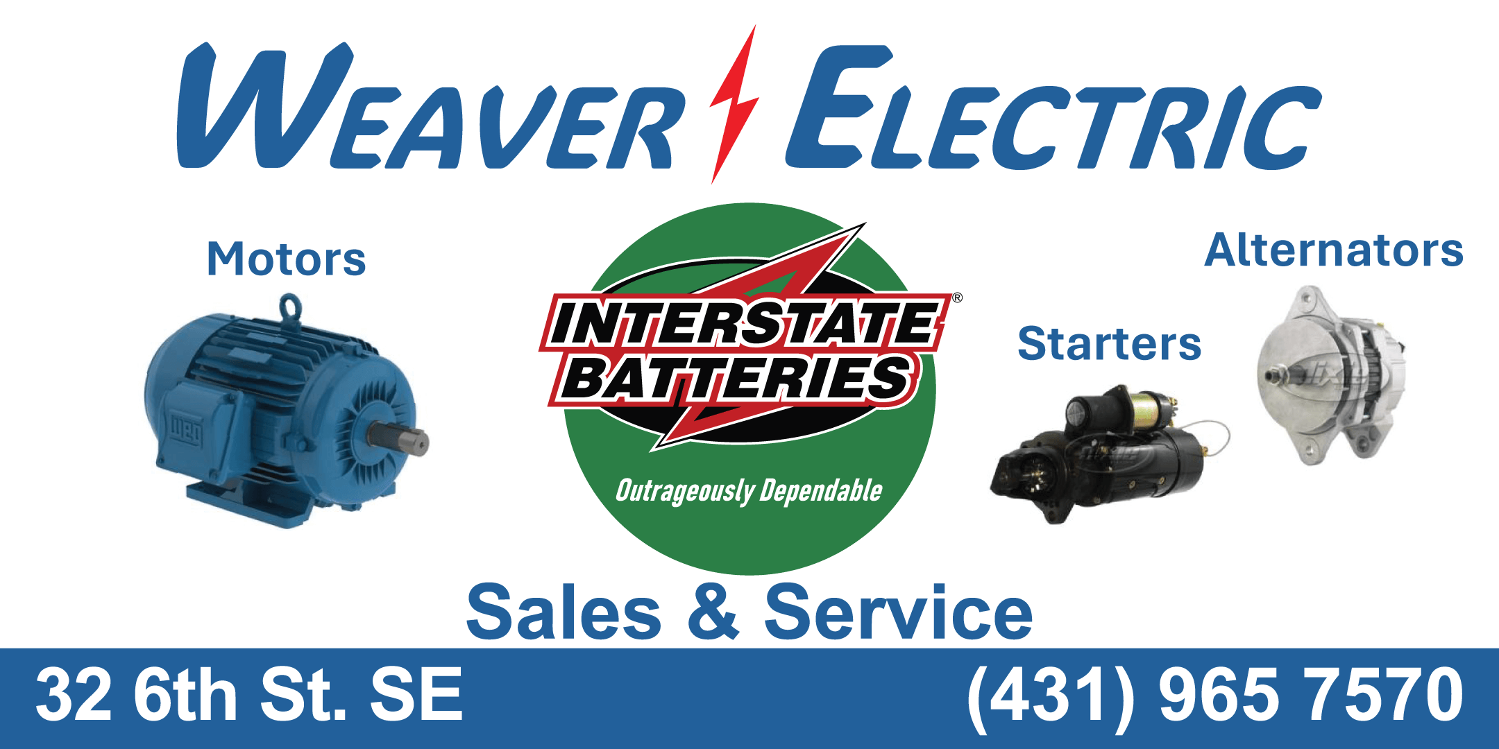 Weaver Electric sales and service advertisement featuring motors, starters, alternators, Interstate Batteries logo, address, and phone number.