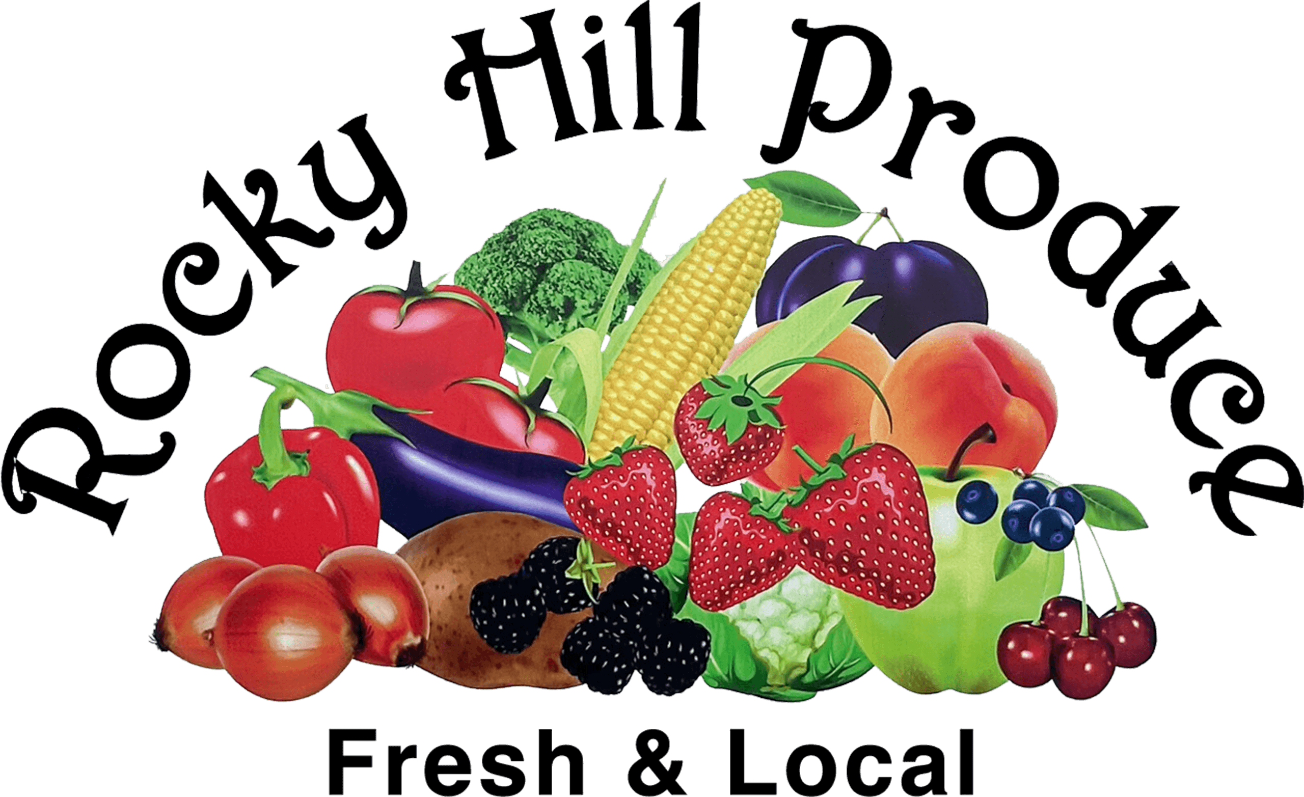 Logo reading "Rocky Hill Produce Fresh & Local" above assorted fruits and vegetables including strawberries, corn, tomatoes, and broccoli.
