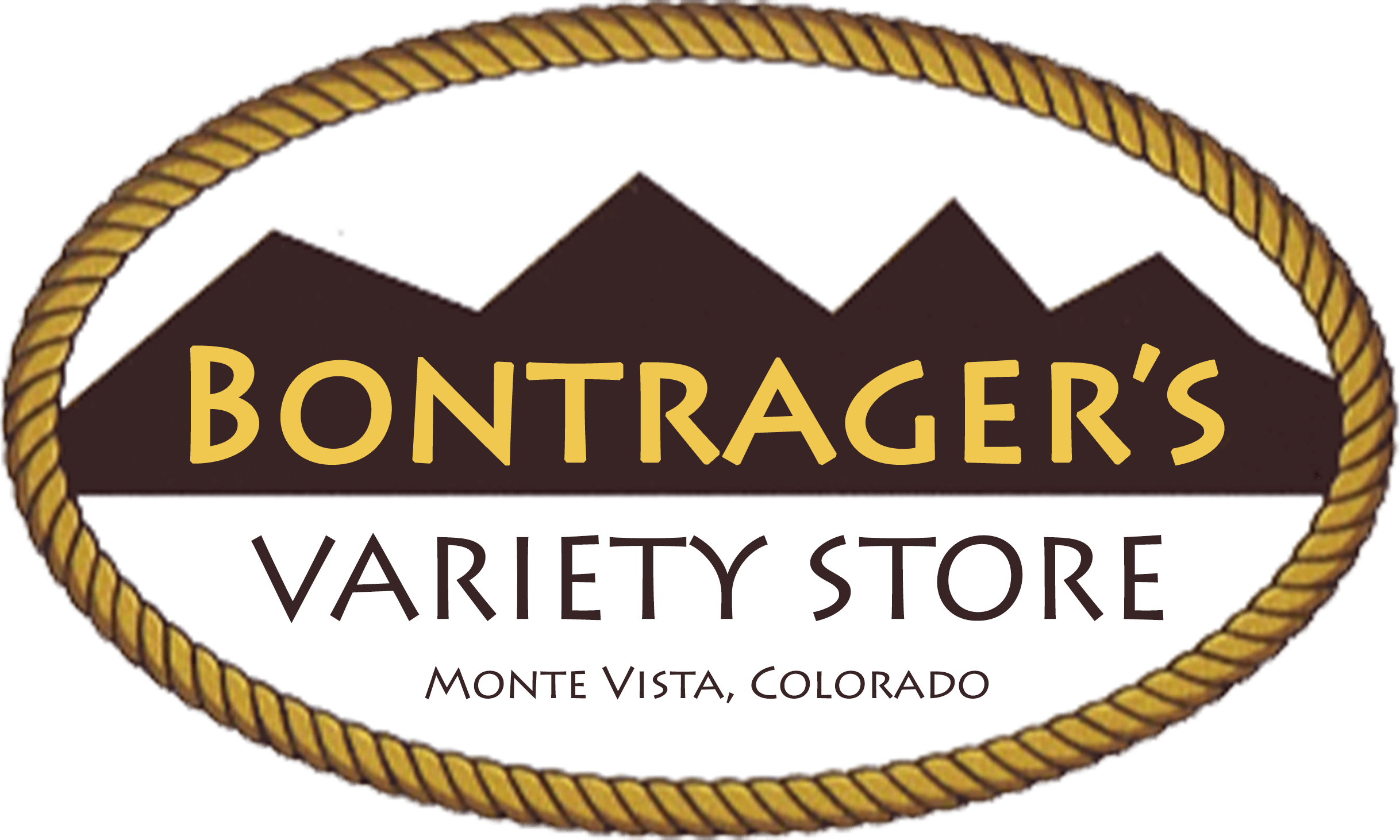 Bontrager’s Variety Store logo featuring mountain silhouettes, yellow rope border, and text indicating Monte Vista, Colorado location.