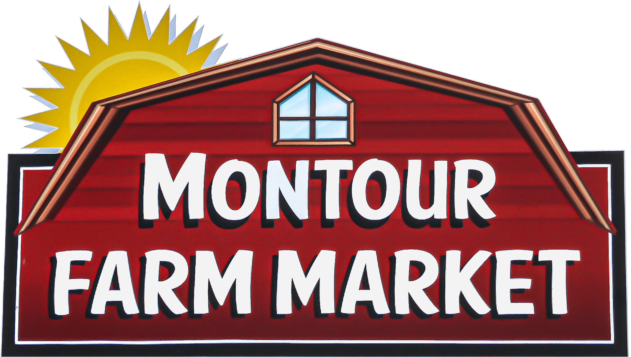A red barn-shaped sign with "Montour Farm Market" written in large white letters and a yellow sun partially visible behind the roof.