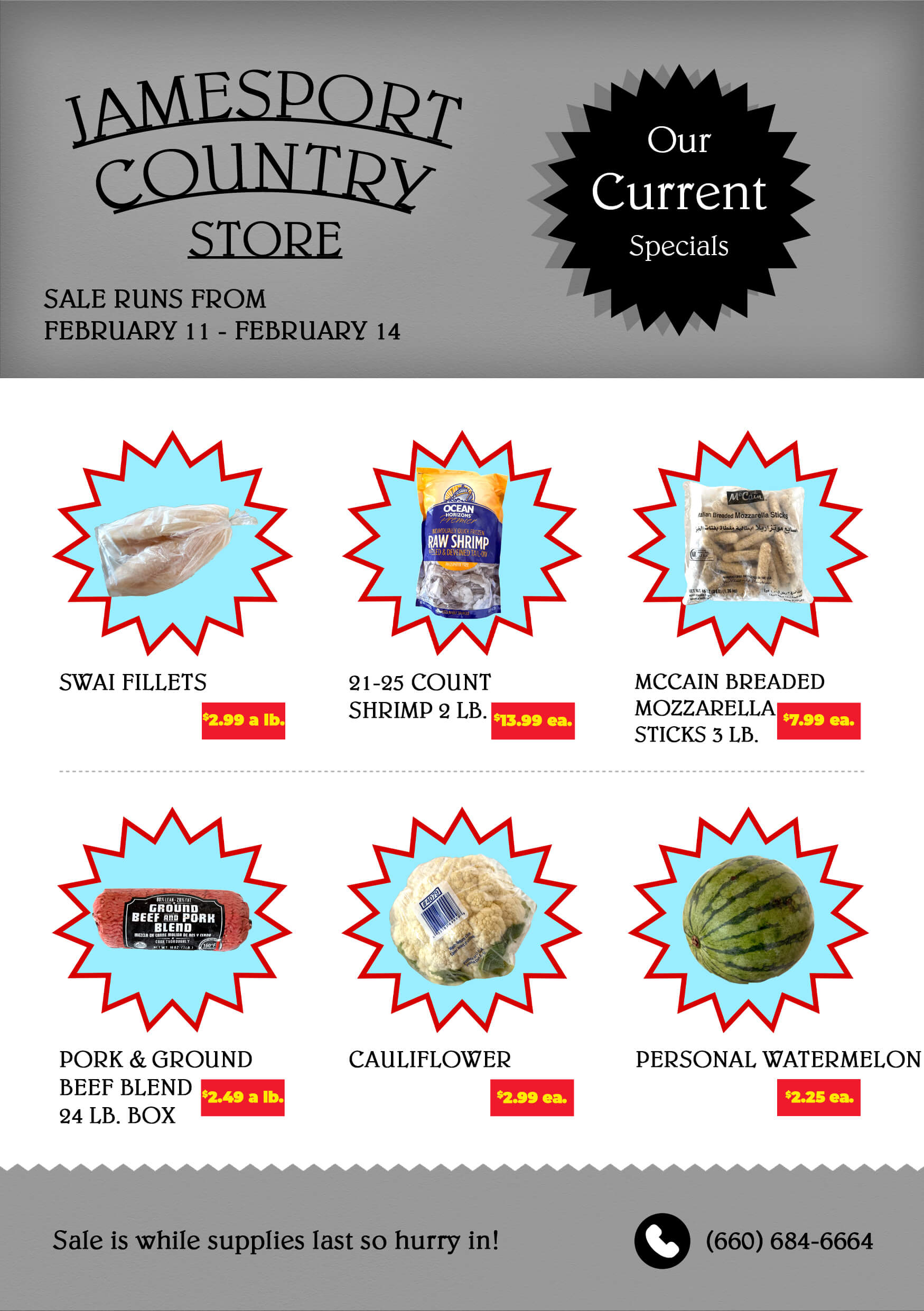 Jamesport Country Store sale flyer showing specials on swai fillets, shrimp, mozzarella sticks, pork blend, cauliflower, and personal watermelon with prices and sale dates.