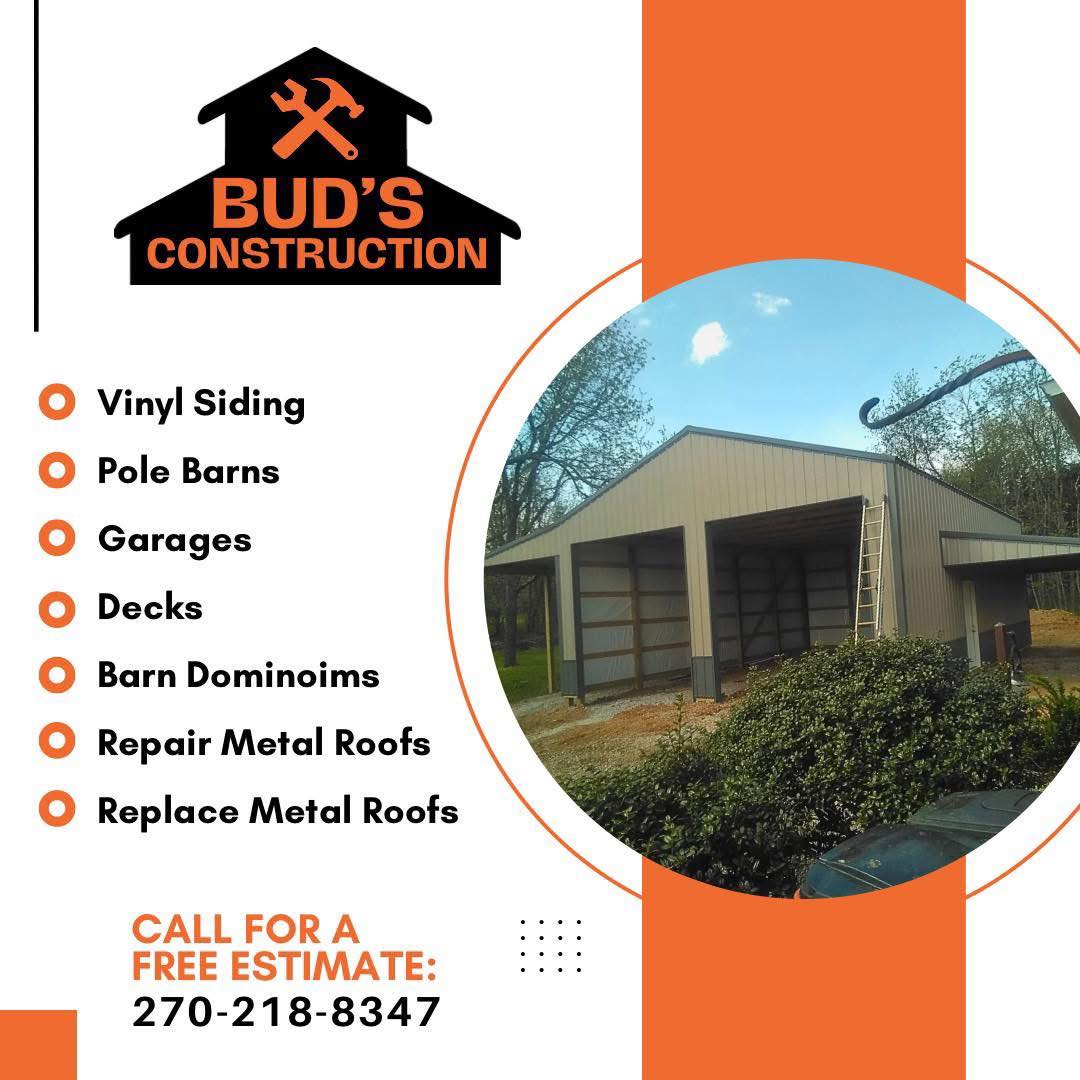 Bud's Construction Miunfordville KY Bud’s Construction ad featuring a list of services offered and a photo of a partially completed metal building with open bays and surrounding trees.