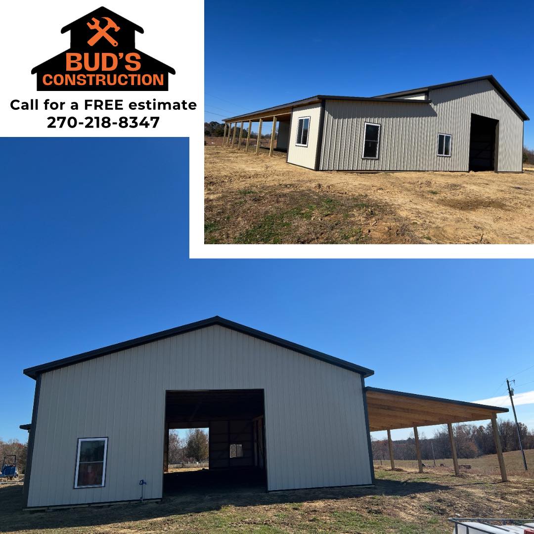 Bud's Construction Miunfordville KY Two photos of a light gray metal building with a large garage door and a covered side area, set on a dirt lot under a clear blue sky. Bud’s Construction logo and contact info are shown.
