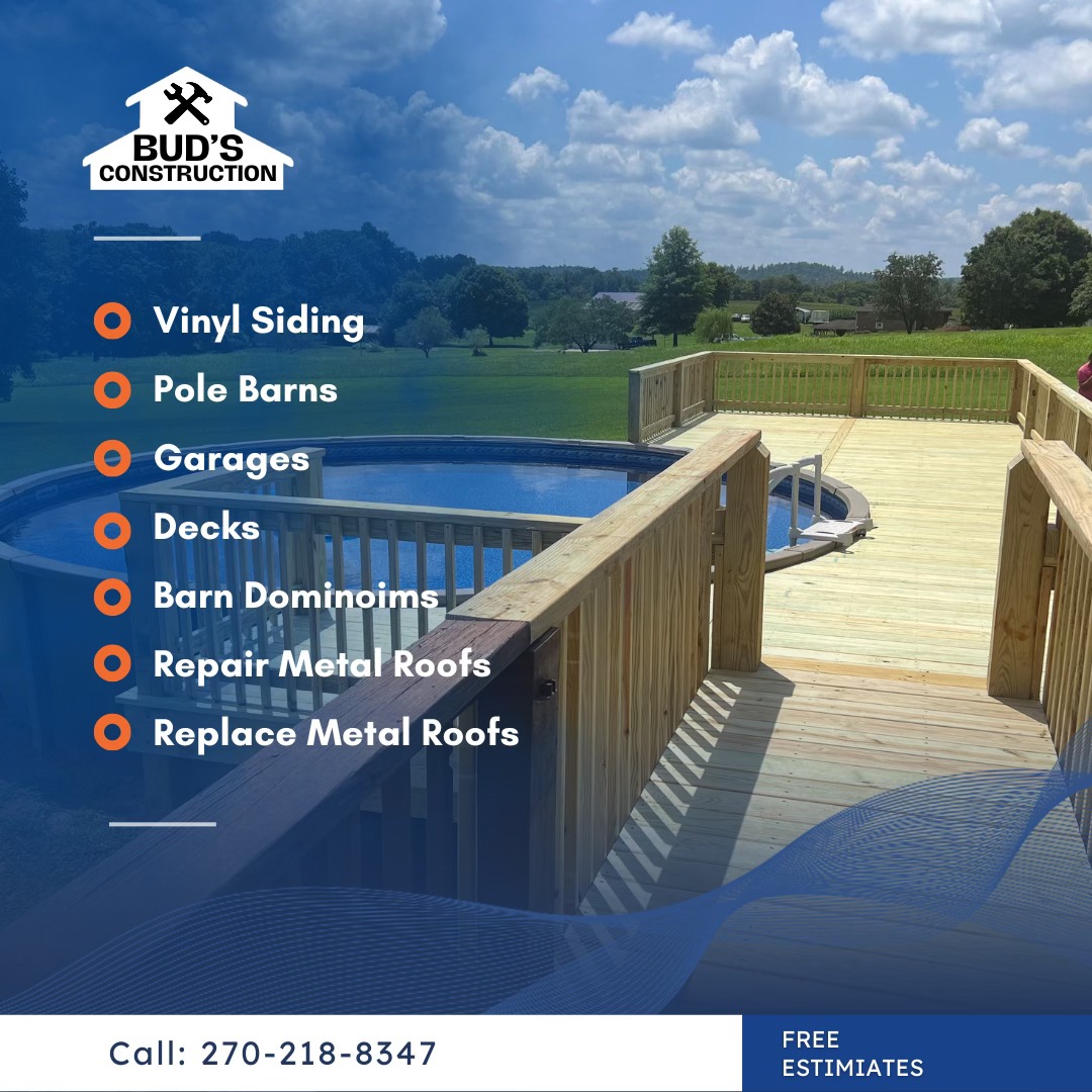 Bud's Construction Miunfordville KY A wooden deck with a ramp surrounds an above-ground pool in a grassy yard. Text lists Bud’s Construction services and contact details.