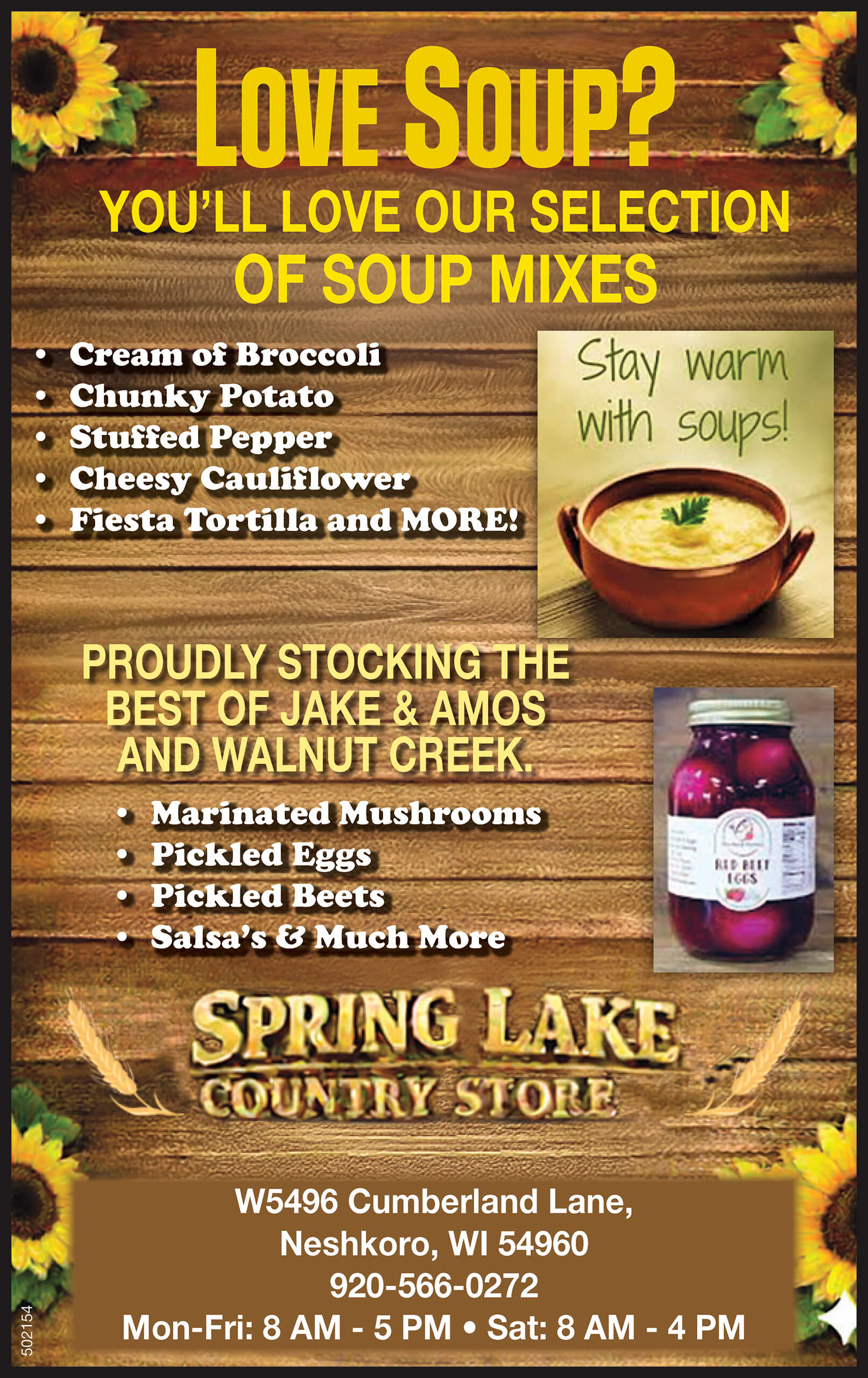 Poster advertising soup mixes and specialty foods at Spring Lake Country Store, including a list of available soups and jarred goods, store hours, location, and contact information.