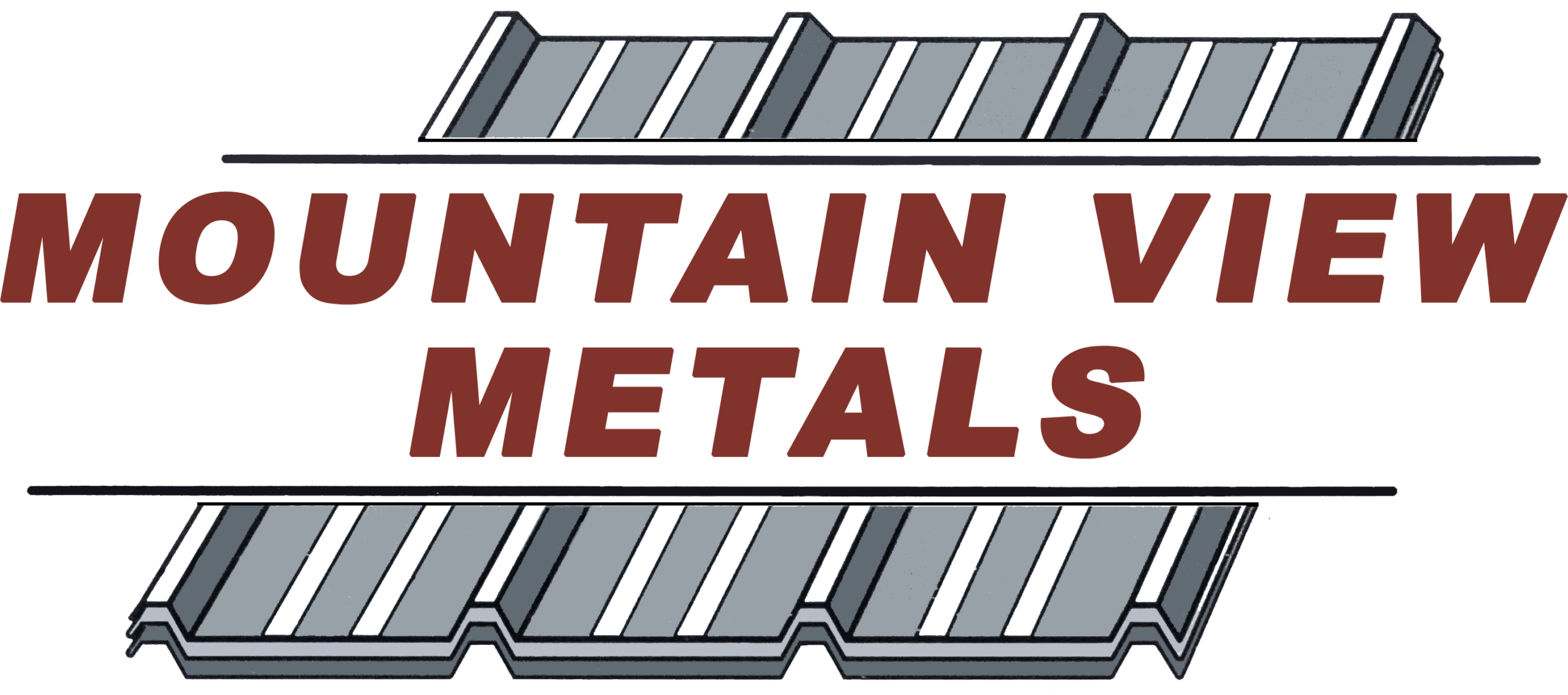 Logo with "Mountain View Metals" in bold red letters over an illustration of two corrugated metal roofing panels, one above and one below the text.