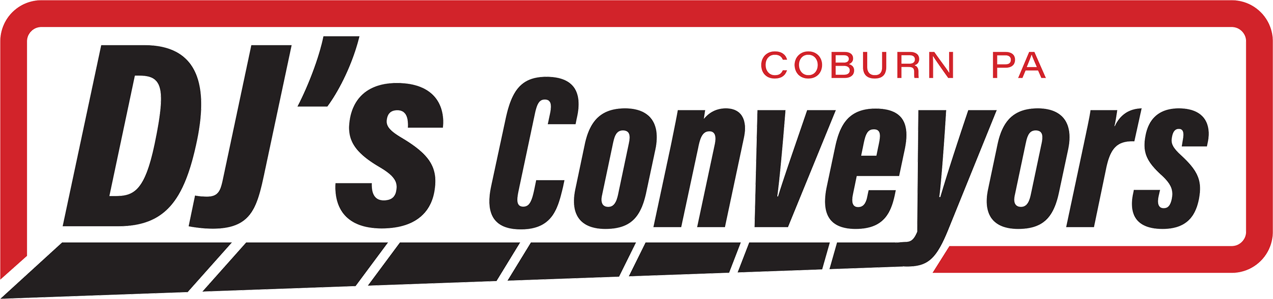 Logo for DJ's Conveyors with bold black text and a red border; "COBURN PA" is written in smaller red letters above the word "Conveyors.