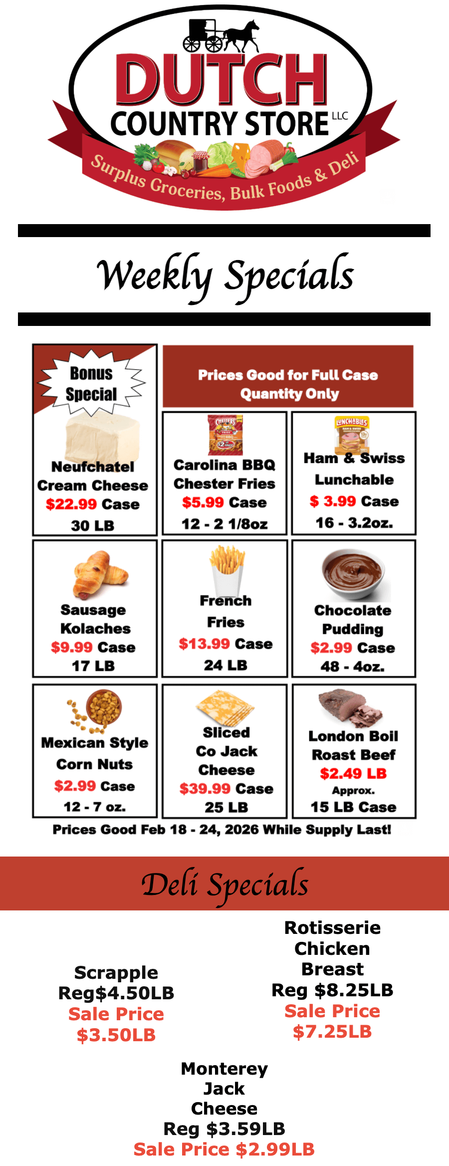 Dutch Country Store weekly specials flyer showing discounted prices on cheeses, meats, corned beef, snacks, and deli items, with sale dates and product weights listed.