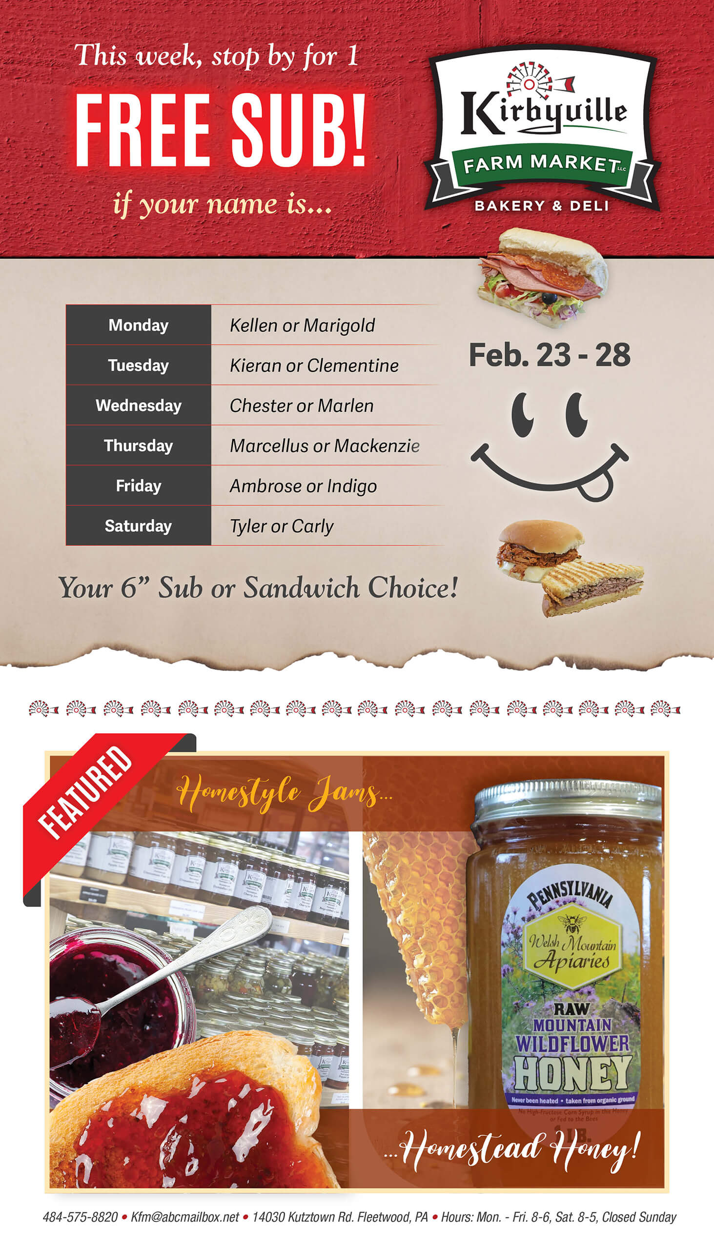 Promotional flyer offering a free sub at Kirbyville Farm Market for select names, featuring images of jams and a jar of homestead honey.