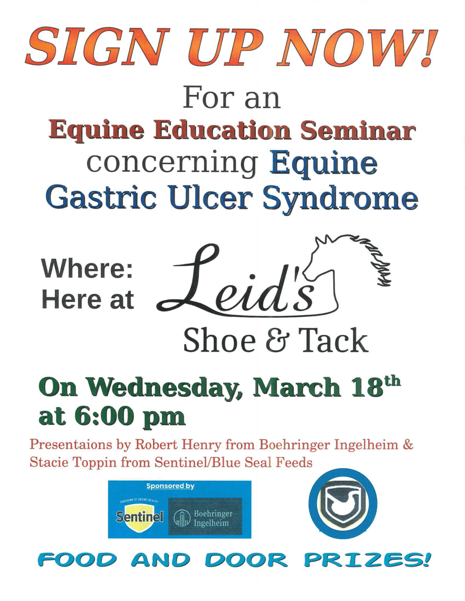 Flyer advertising an Equine Education Seminar on Equine Gastric Ulcer Syndrome at Leid’s Shoe & Tack, March 18th, 6 pm, with presentations, food, and door prizes.