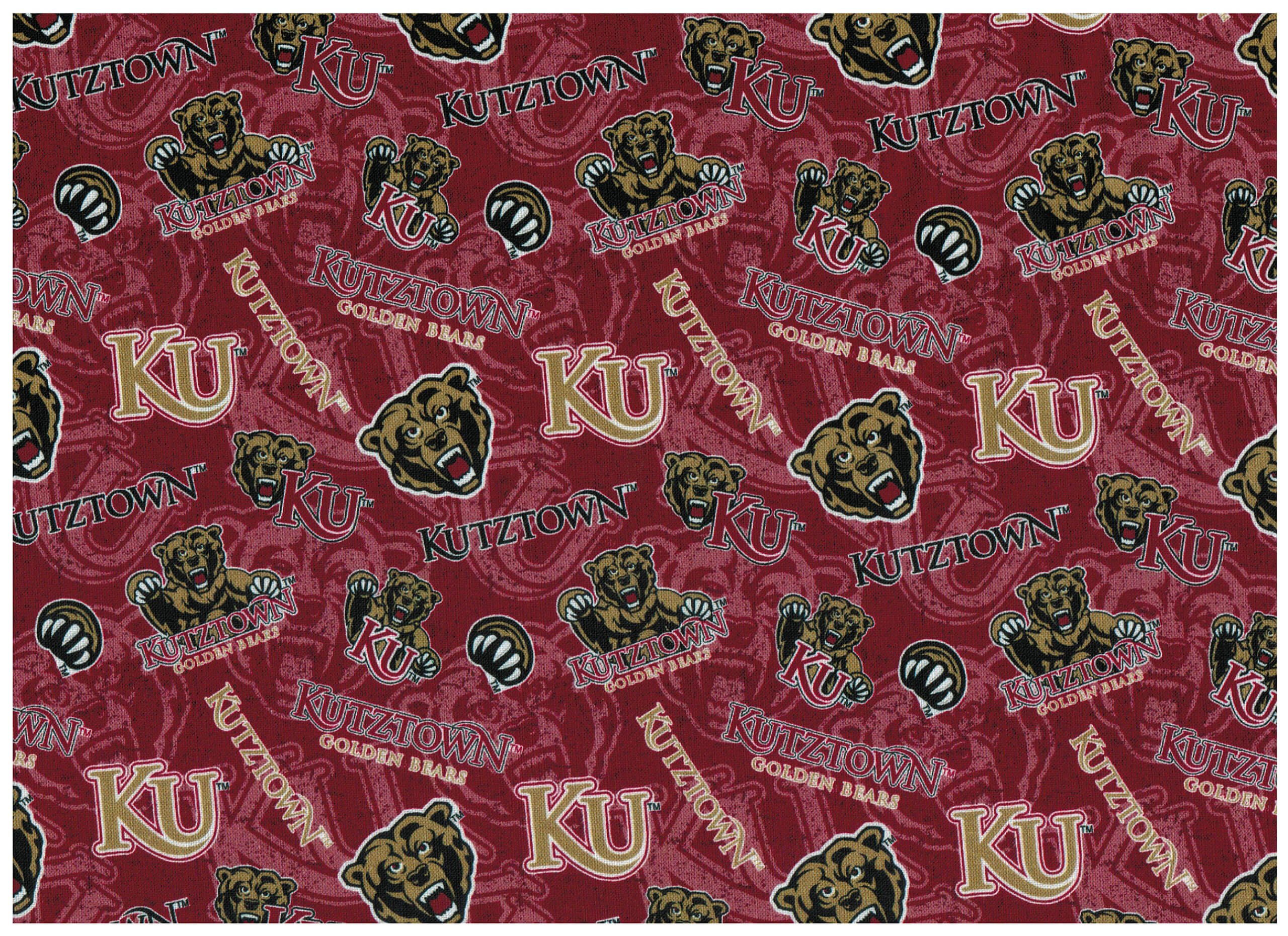 Maroon background with repeating Kutztown University logos, bear mascots, footballs, and the text "Kutztown Golden Bears" and "KU" in various sizes.