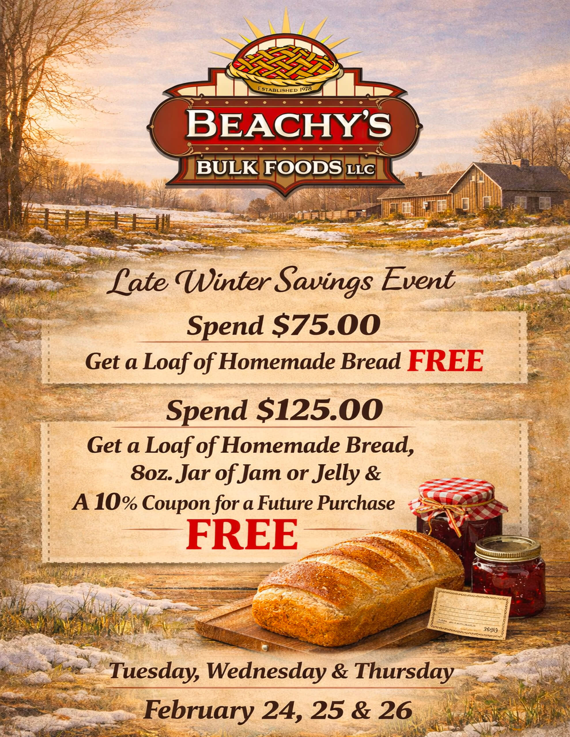Promotional flyer for Beachy's Bulk Foods late winter savings event, offering free bread, jam, and coupon with qualifying purchases. Event dates: February 24, 25, and 26.