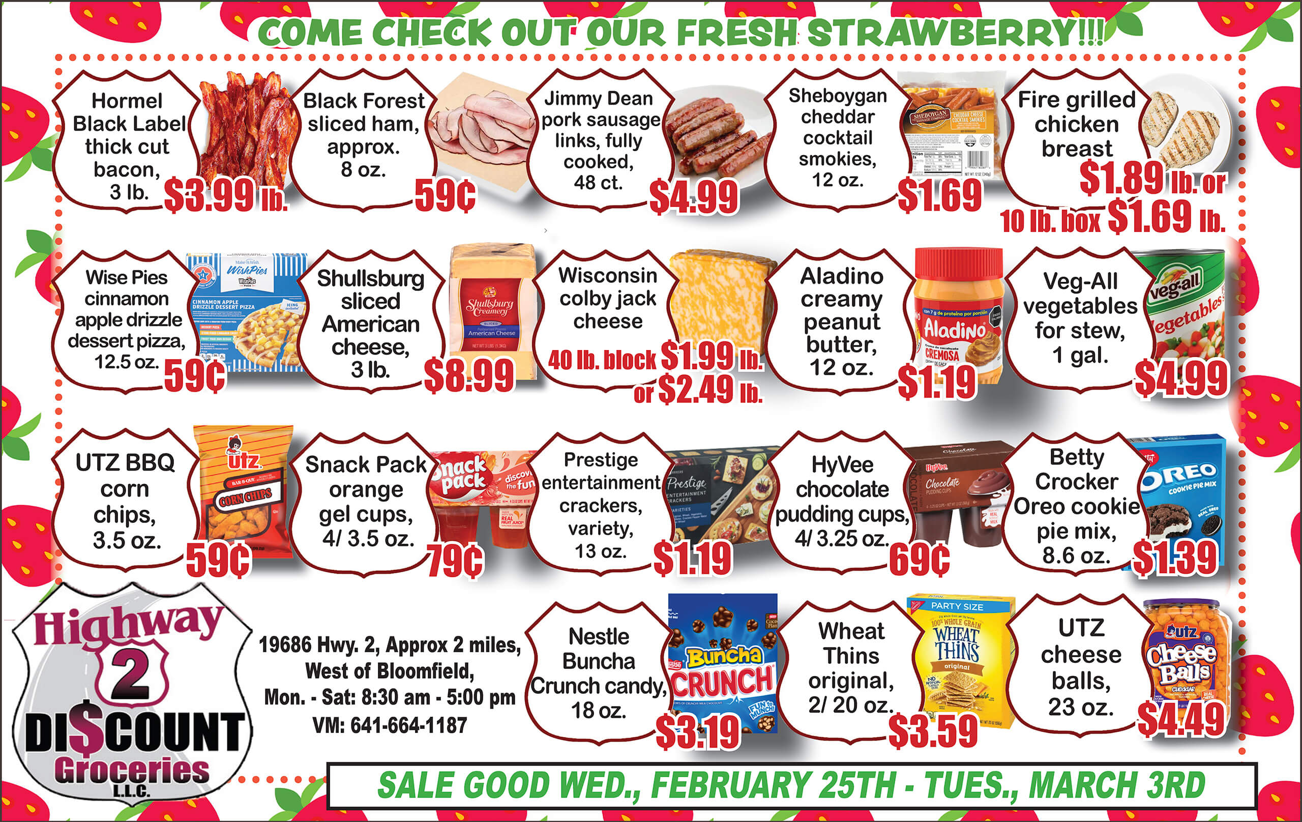 A grocery store flyer displays various food products with prices, including meats, cheeses, chips, snacks, and beverages, on a white background with red and green strawberry-themed accents.