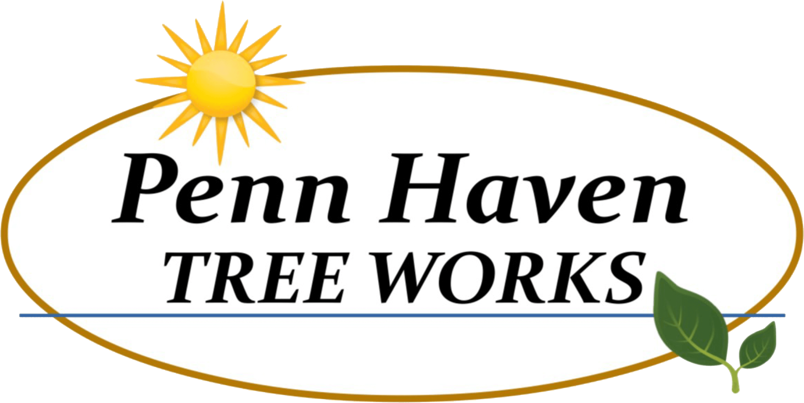 Logo for "Penn Haven Tree Works" featuring a sun in the top left, two green leaves in the bottom right, and an oval border around the text.