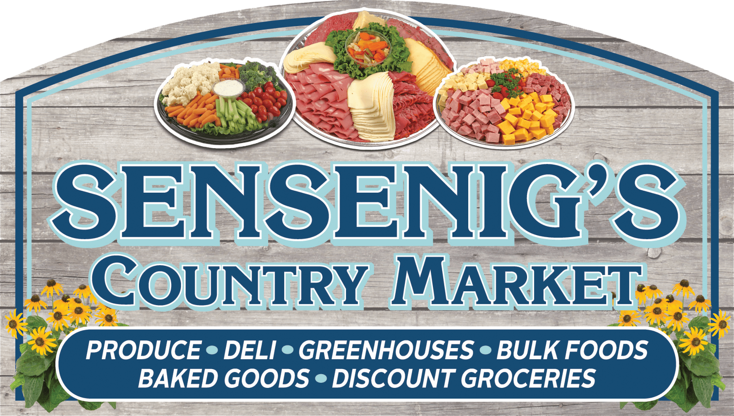 Sensenig's Country Market sign with images of deli platters and text listing produce, deli, greenhouses, bulk foods, baked goods, and discount groceries.