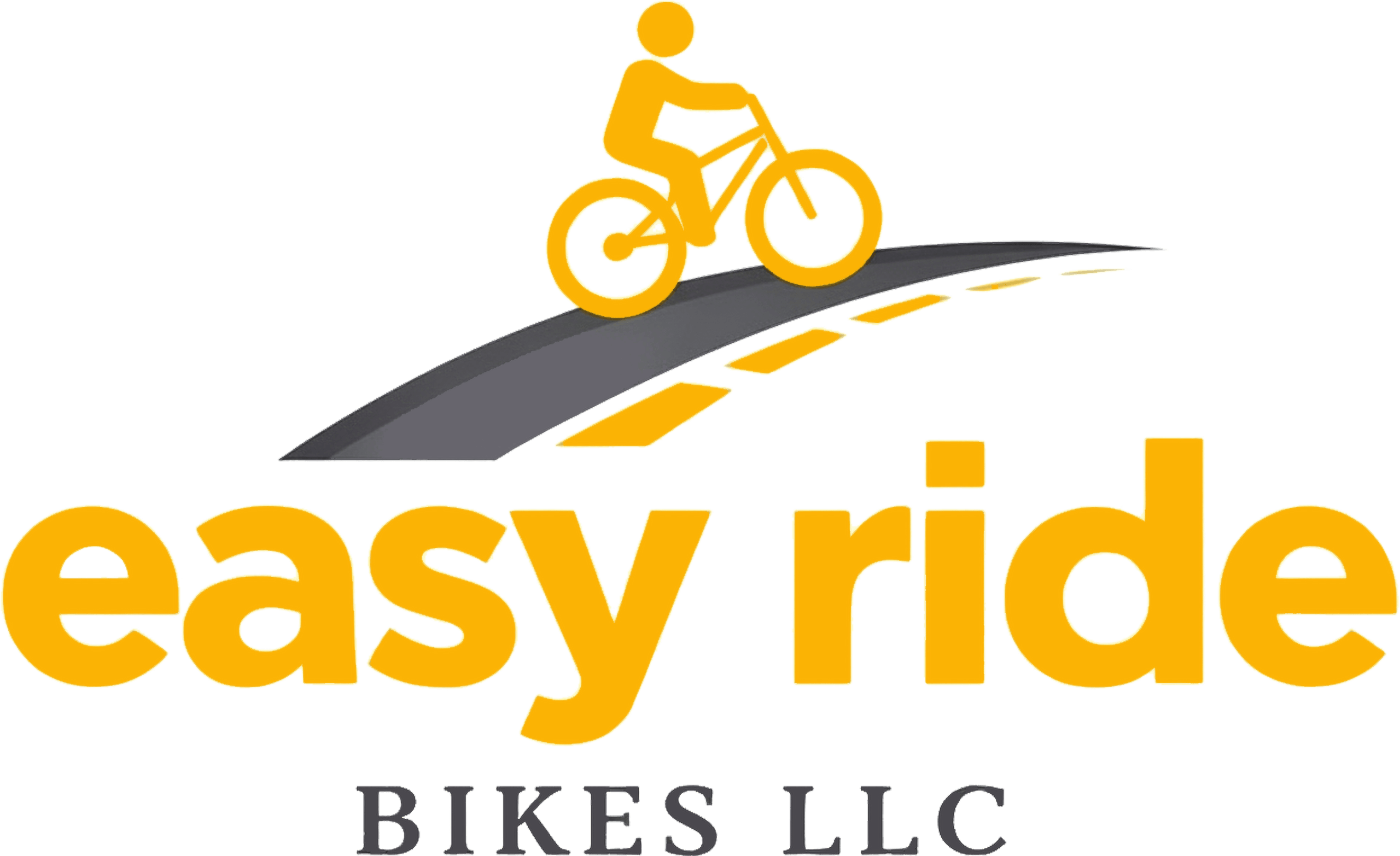 Logo for Easy Ride Bikes LLC featuring a yellow figure riding a bicycle on a curved road above the company name in bold yellow and black text.