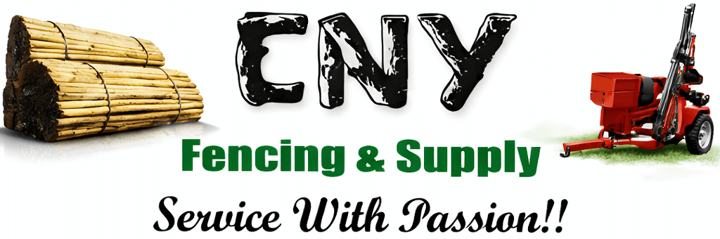 Logo for CNY Fencing & Supply featuring stacked fencing materials on the left, bold text in the center, and a red log splitter on the right. Tagline reads "Service With Passion!!.