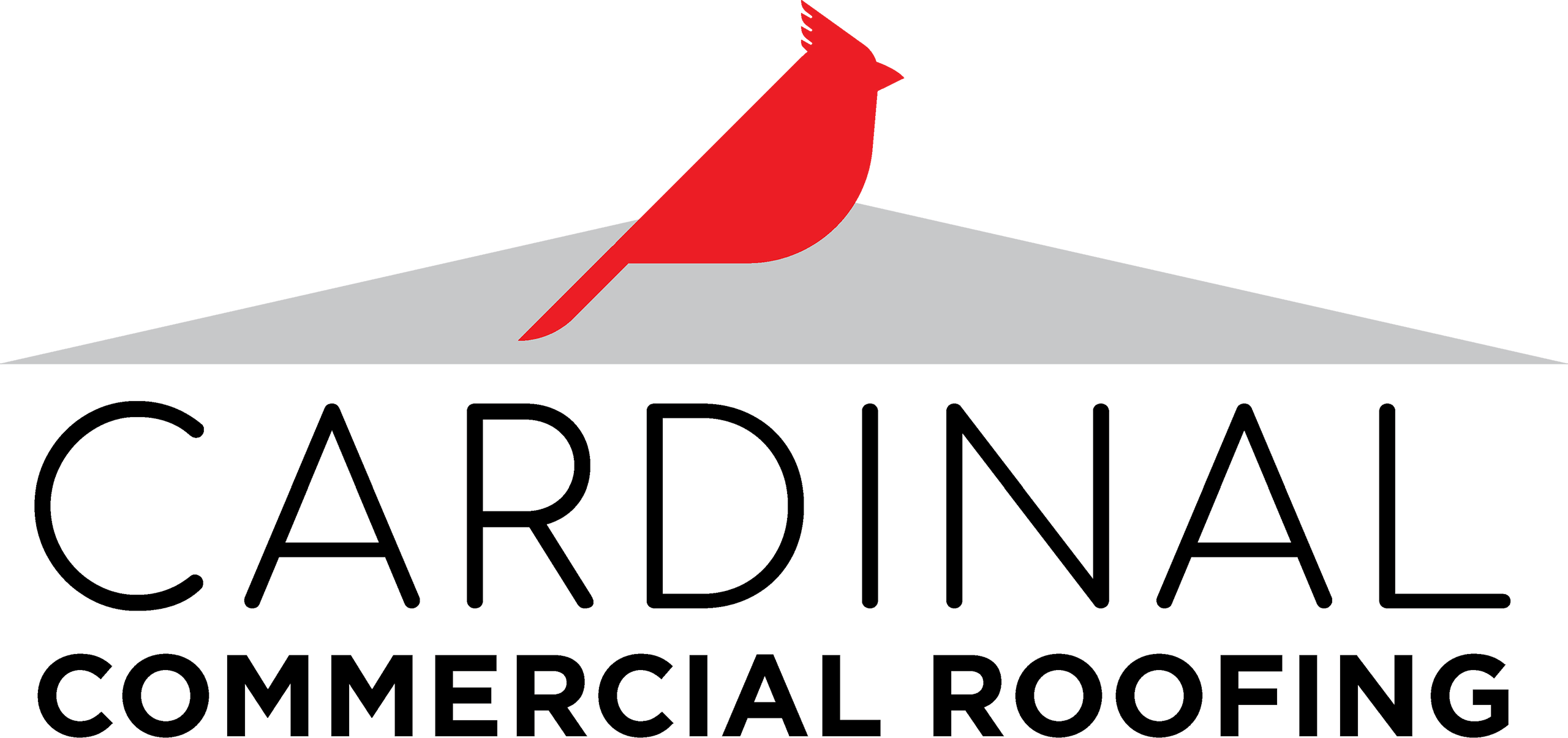 Logo for Cardinal Commercial Roofing featuring a red cardinal silhouette above the company name, with a grey roof shape in the background.