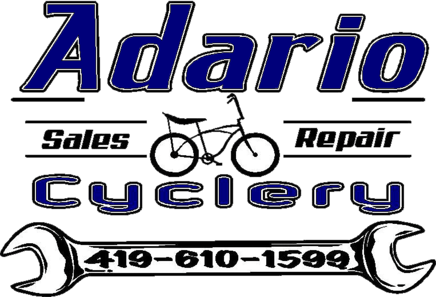 Logo for Adario Cyclery featuring text "Sales," "Repair," a bicycle graphic, a large wrench, and the phone number 419-610-1599.