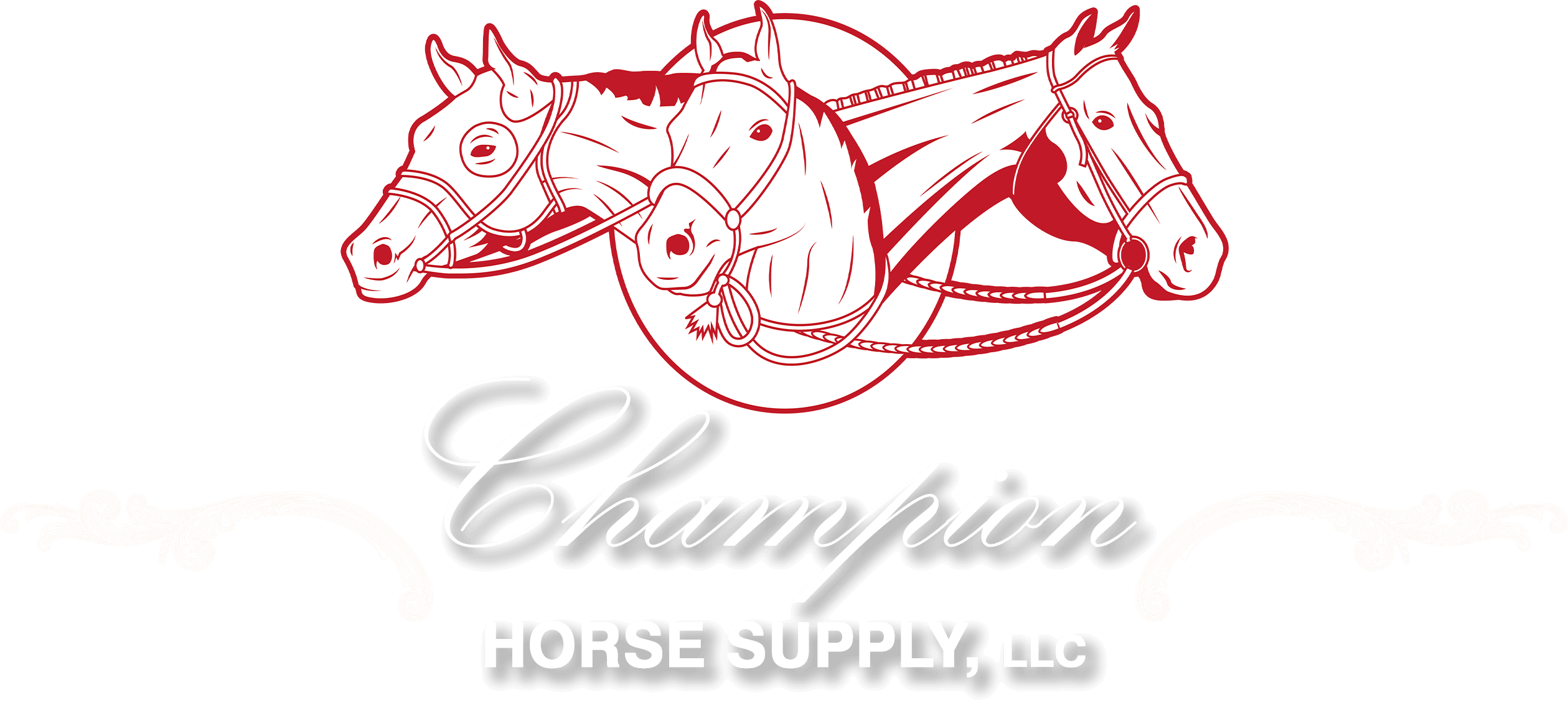 Logo featuring three outlined horse heads in red above the words "Champion Horse Supply, LLC" in stylized white text on a light background.