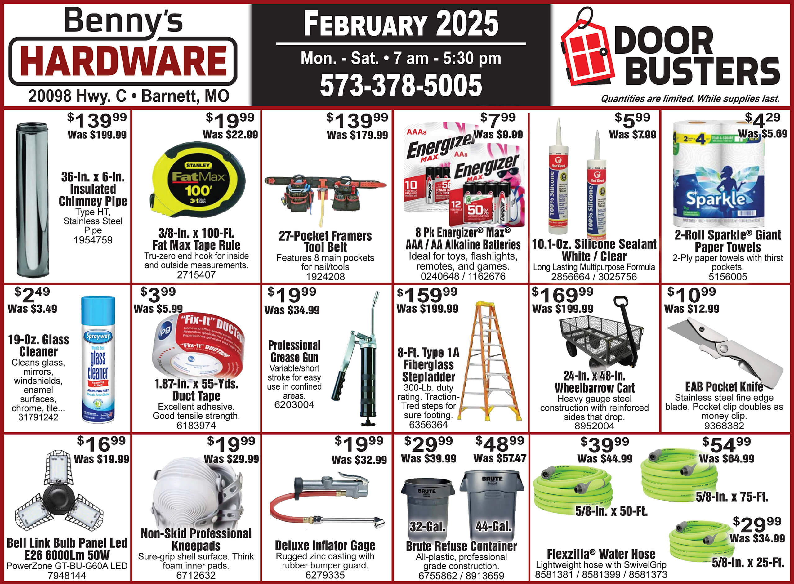 A hardware store flyer displays various products on sale for February 2025, including tools, batteries, cleaning supplies, hoses, and hardware accessories, with prices and images for each item.