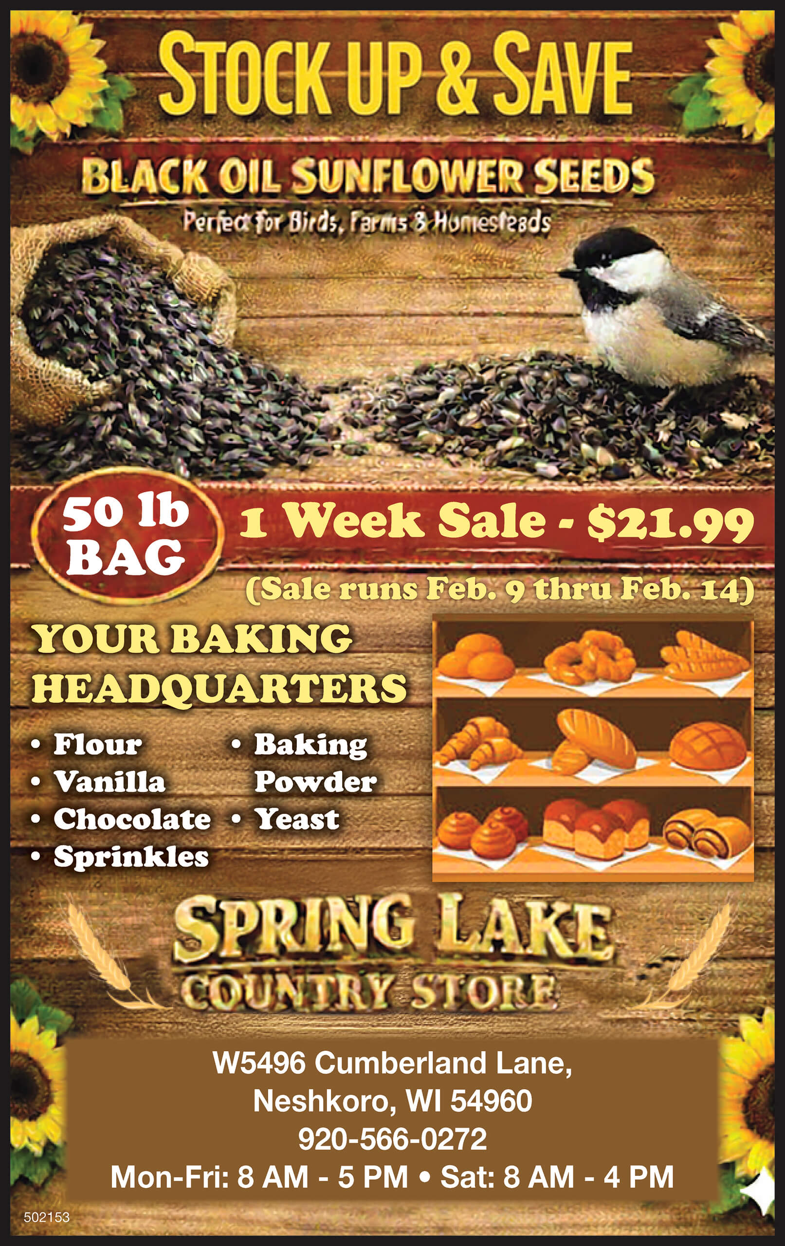 Spring Lake Country Store ad promoting a 1-week sale on 50 lb black oil sunflower seeds and baking supplies, with store hours and contact details listed at the bottom.