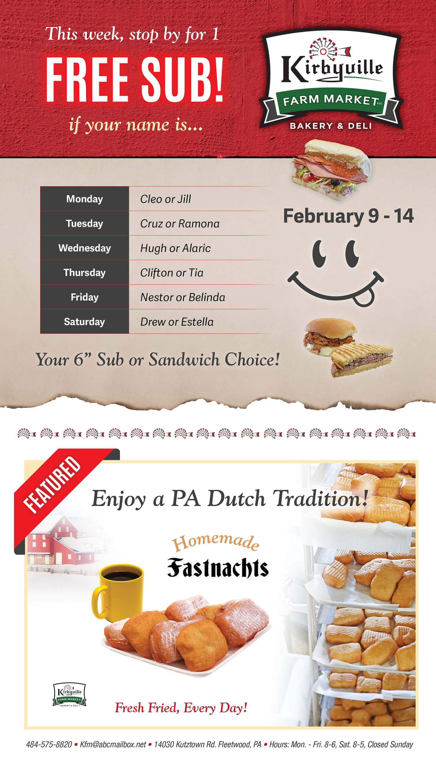 A promotional flyer offers a free sub to people with certain names and advertises homemade fastnachts from Kirbyville Farm Market & Bakery.