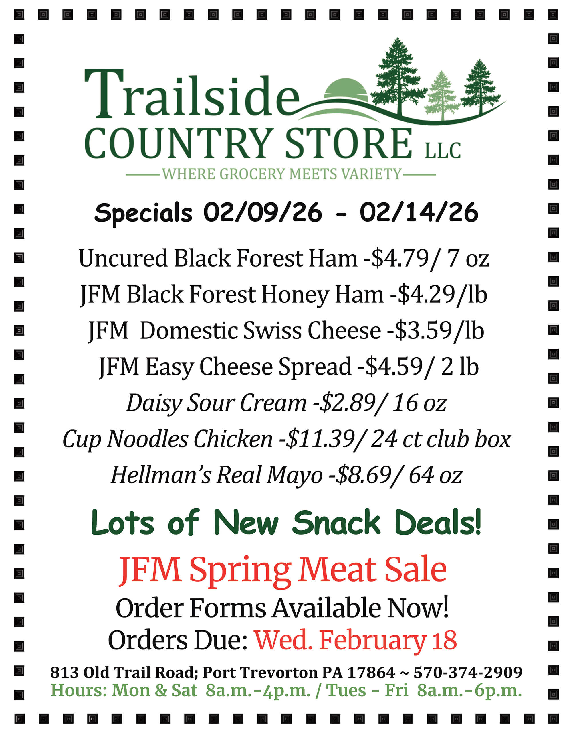 Trailside Country Store flyer lists weekly specials, snack deals, and a JFM Spring Meat Sale with order deadline on February 18. Store hours and contact information are provided at the bottom.