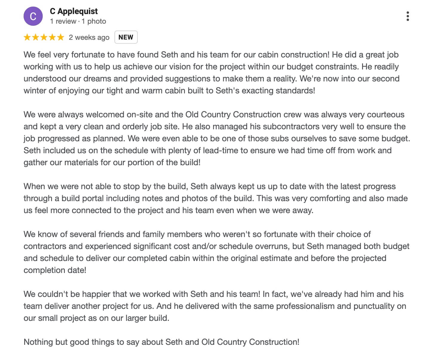 A five-star review praises Seth and Old Country Construction for excellent work, communication, and budget management on a cabin build project, highlighting their professionalism and efficiency.