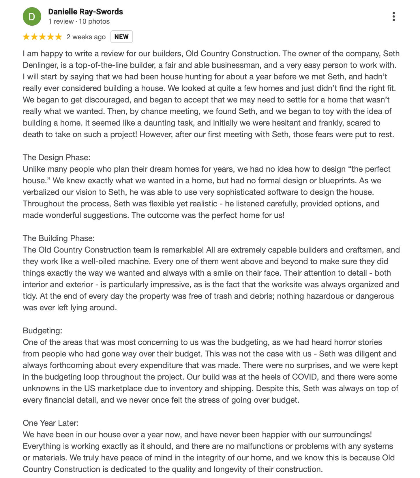 Screenshot of a detailed 5-star Google review praising Old Country Construction, highlighting the owner Seth Denlinger’s professionalism and the team’s quality work on a home-building project.