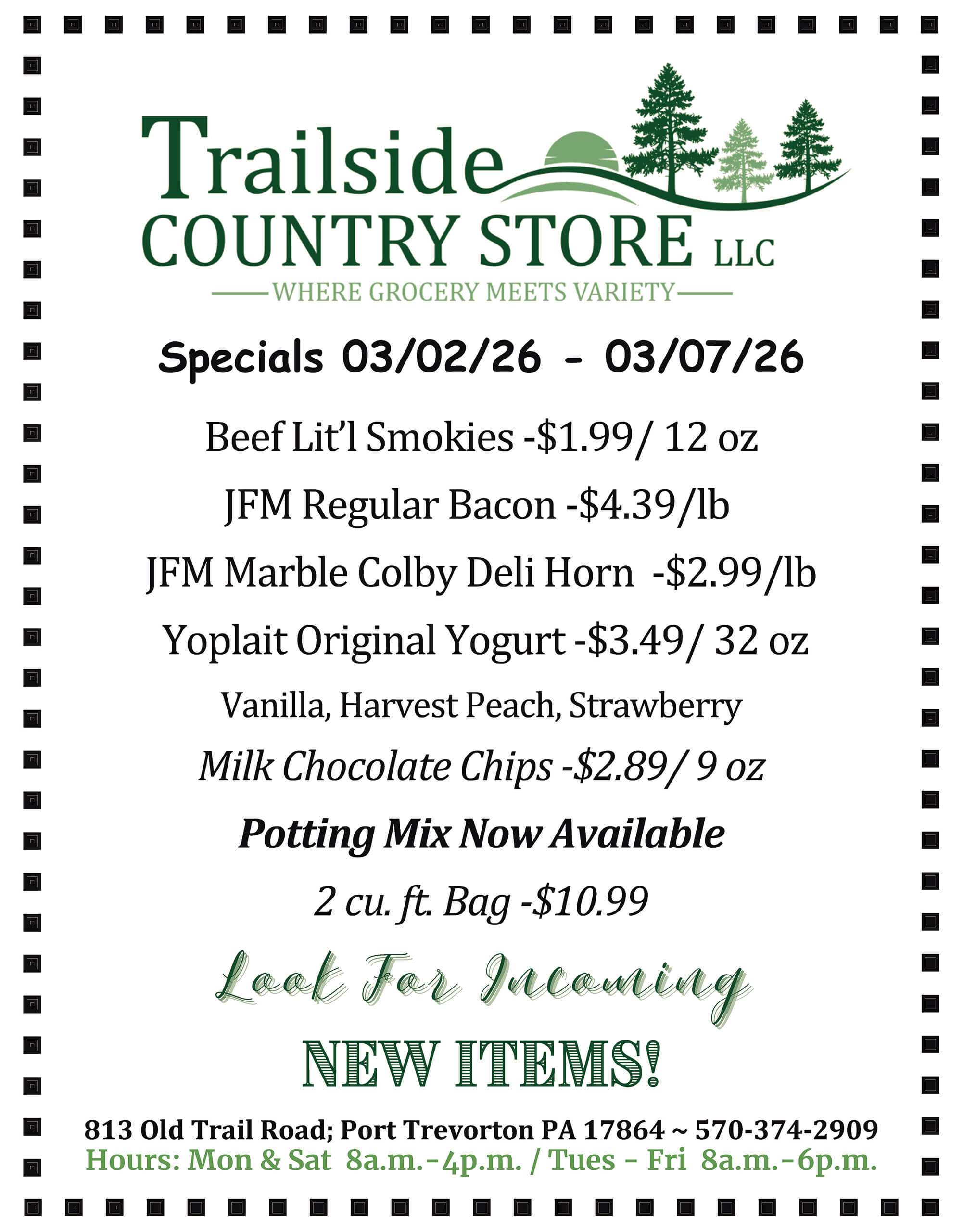 Flyer for Trailside Country Store listing sale items and prices for 03/02/26–03/07/26, including meats, cheese, yogurt, chips, chocolate chips, potting mix, and new items coming soon.