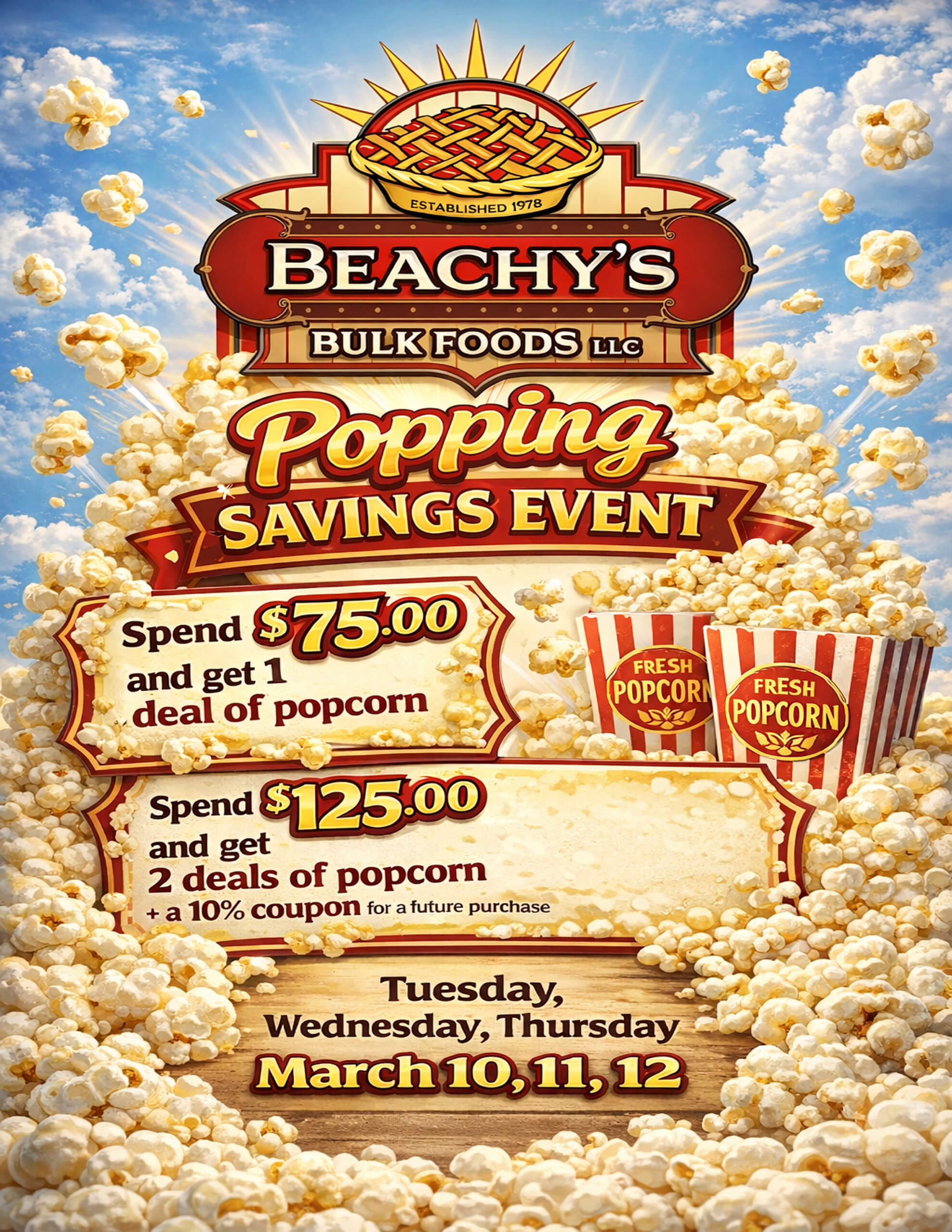 Promotional flyer for Beachy's Bulk Foods Popping Savings Event, featuring popcorn deals for spending $75 or $125, valid March 10-12.
