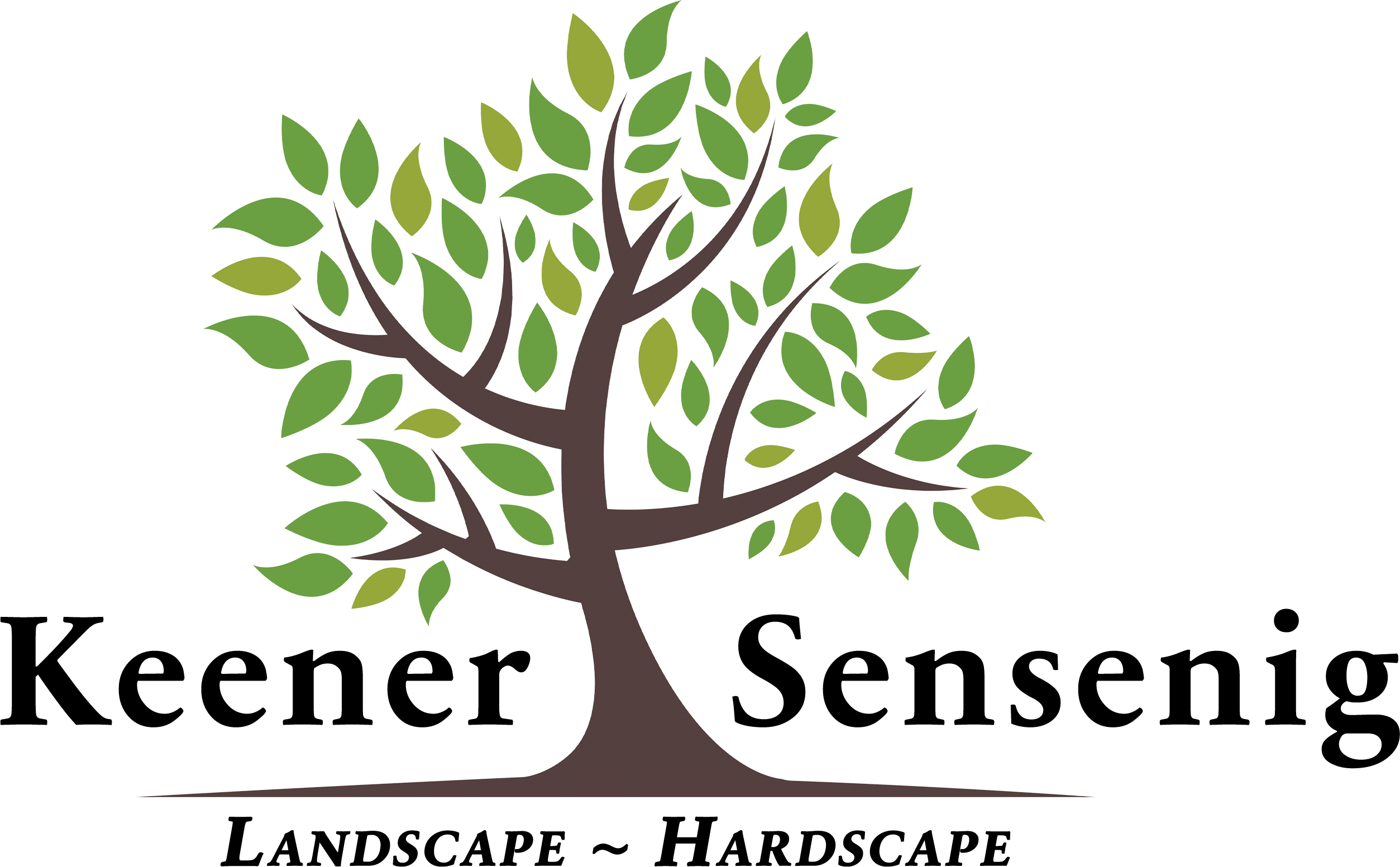 Logo with a stylized tree featuring green leaves above the text “Keener Sensenig” and the words “Landscape ~ Hardscape” below.